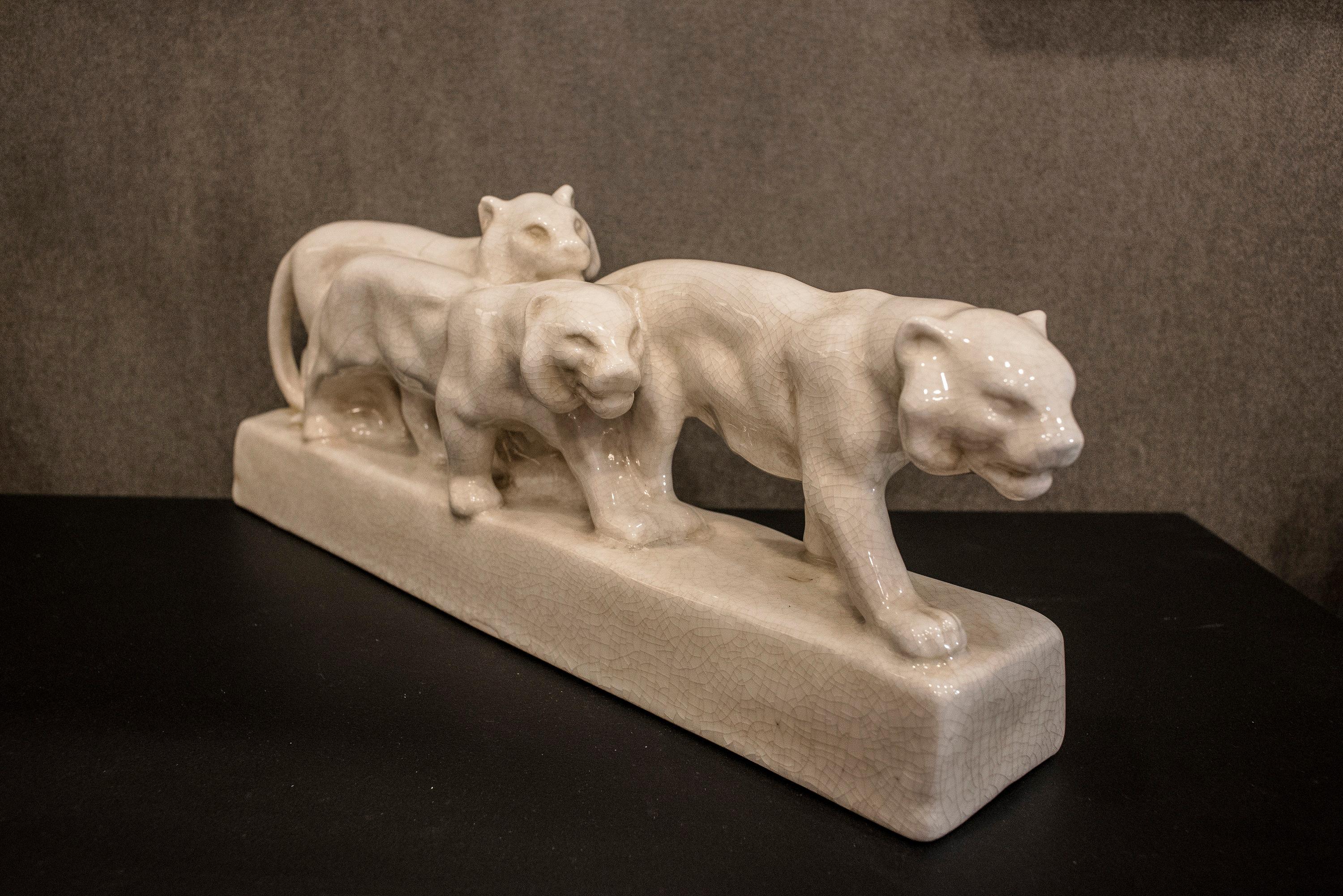 French Emaux de Louviere 20th Century White Lionesses Ceramic Belgium Sculpture