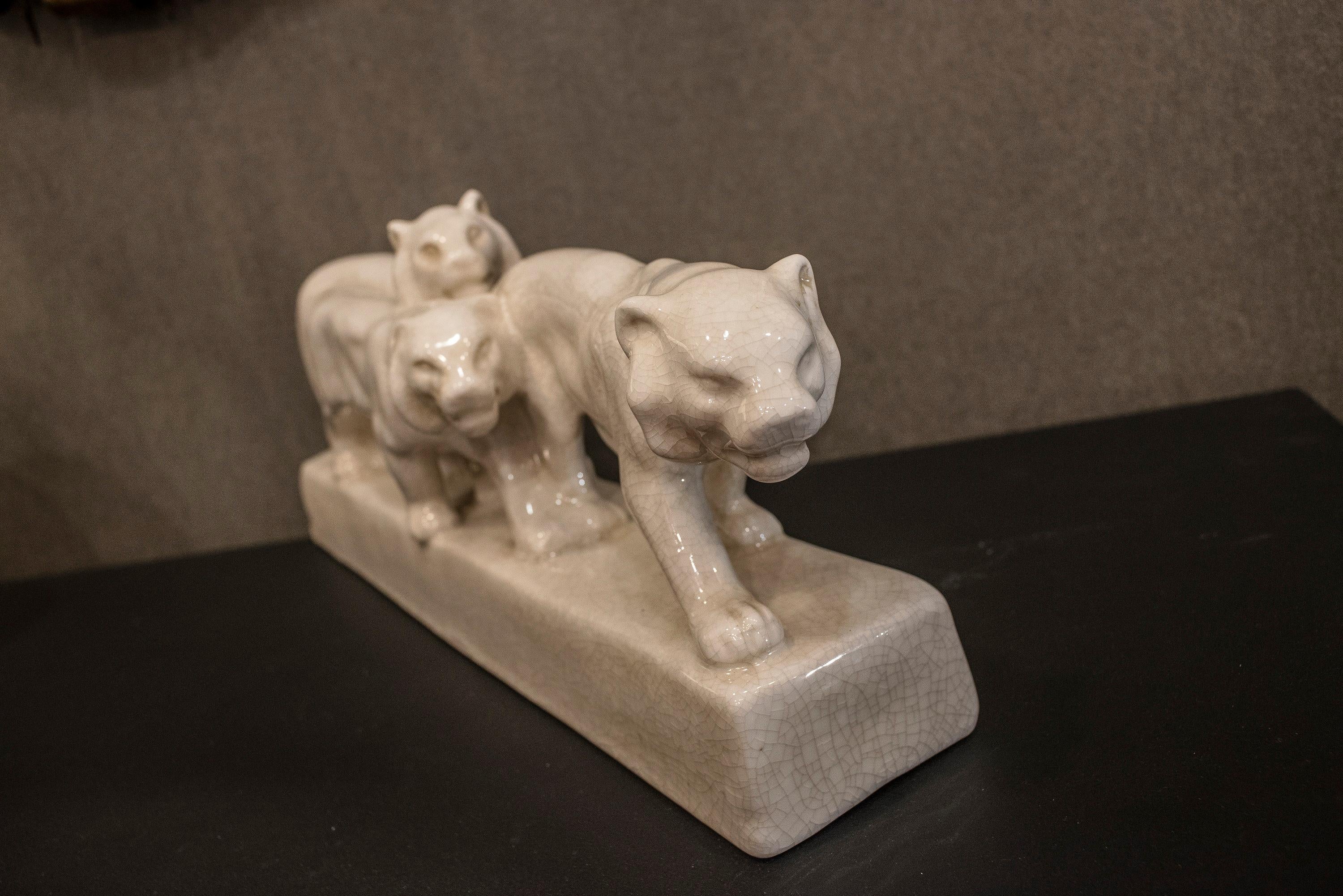 Hand-Crafted Emaux de Louviere 20th Century White Lionesses Ceramic Belgium Sculpture