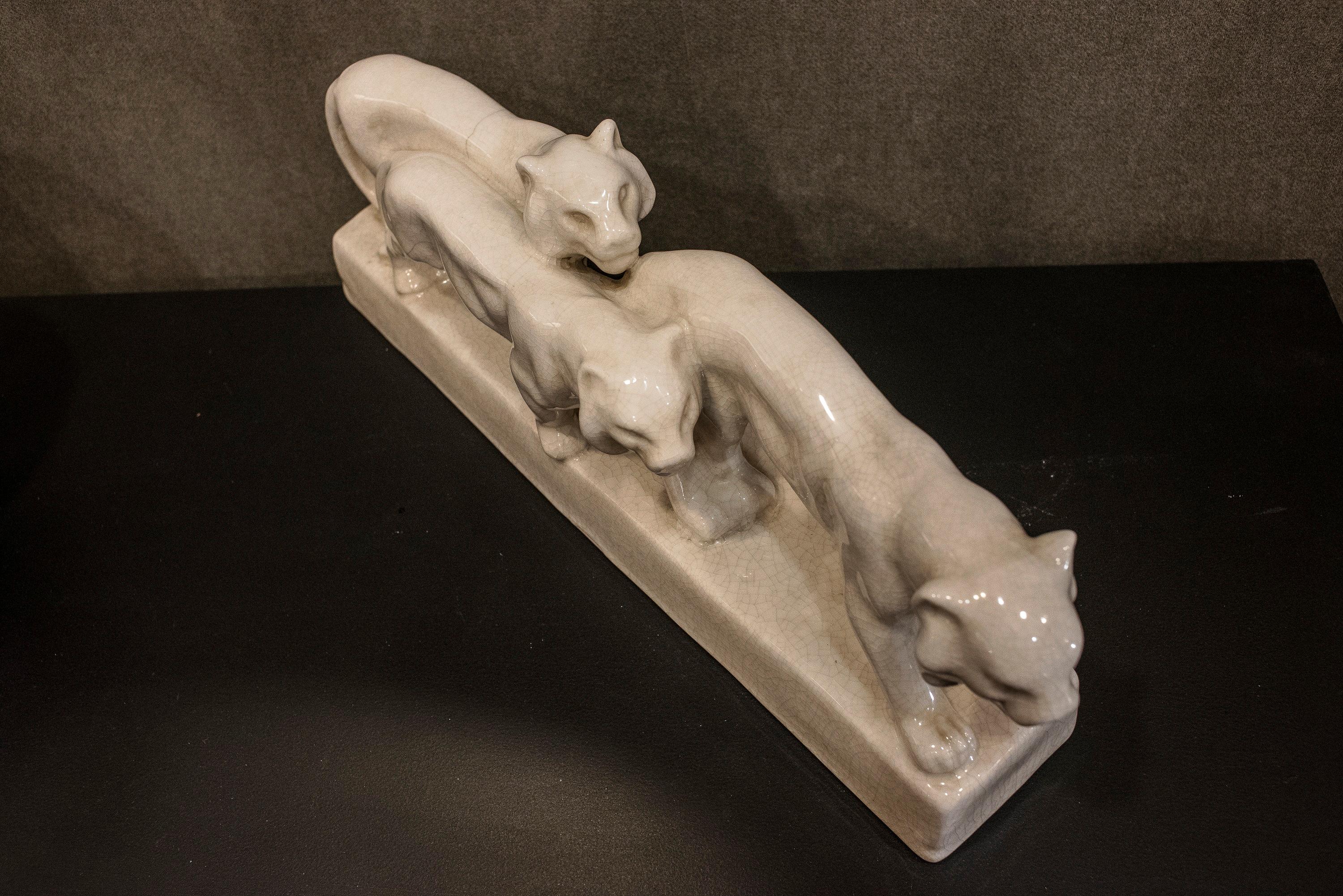 Emaux de Louviere 20th Century White Lionesses Ceramic Belgium Sculpture In Good Condition In Valladolid, ES