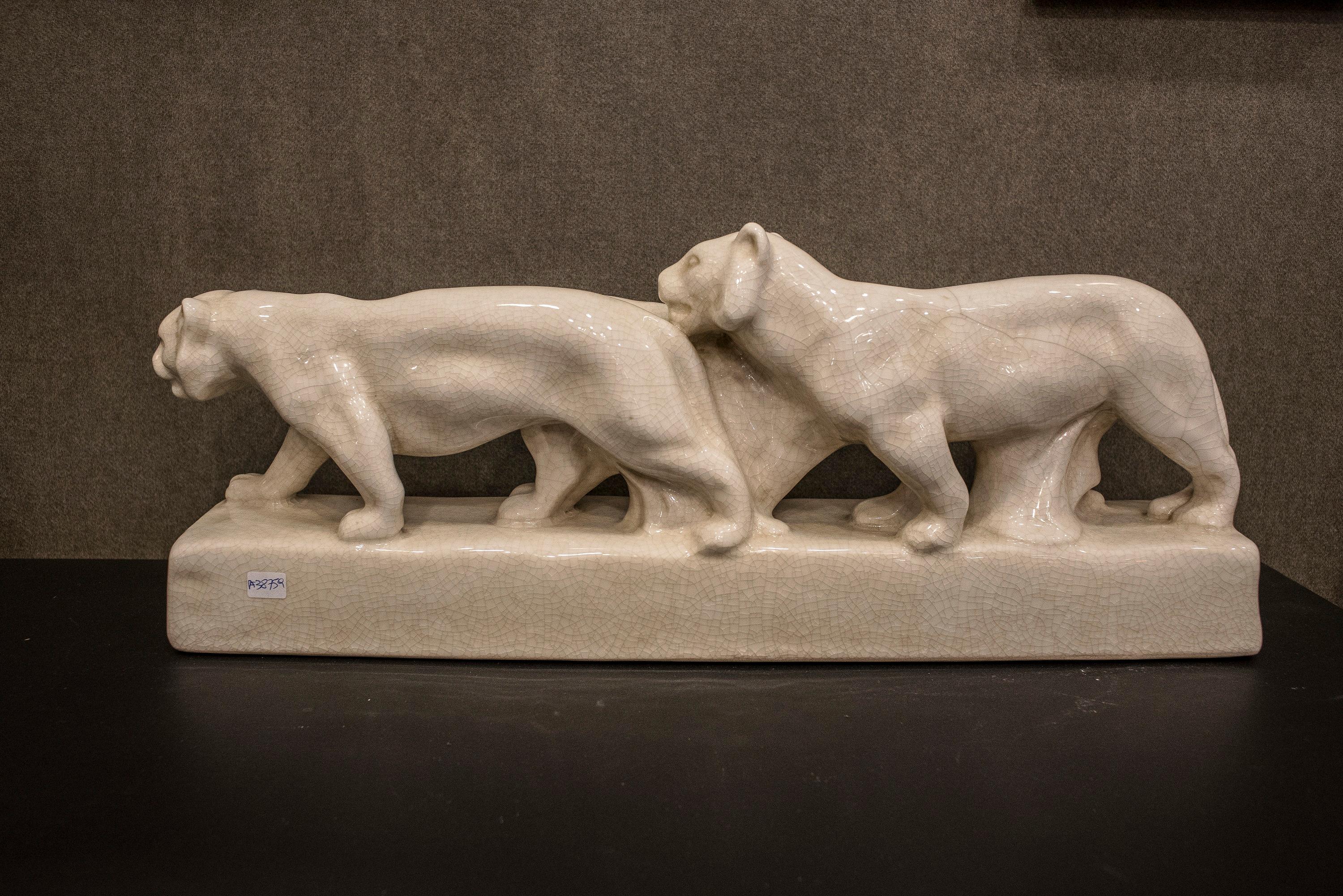 Mid-20th Century Emaux de Louviere 20th Century White Lionesses Ceramic Belgium Sculpture