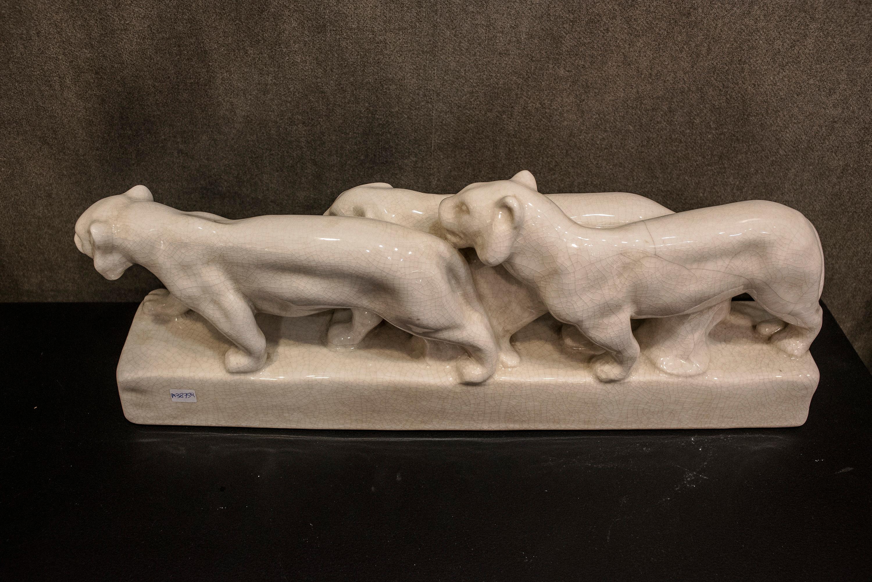 Emaux de Louviere 20th Century White Lionesses Ceramic Belgium Sculpture 1