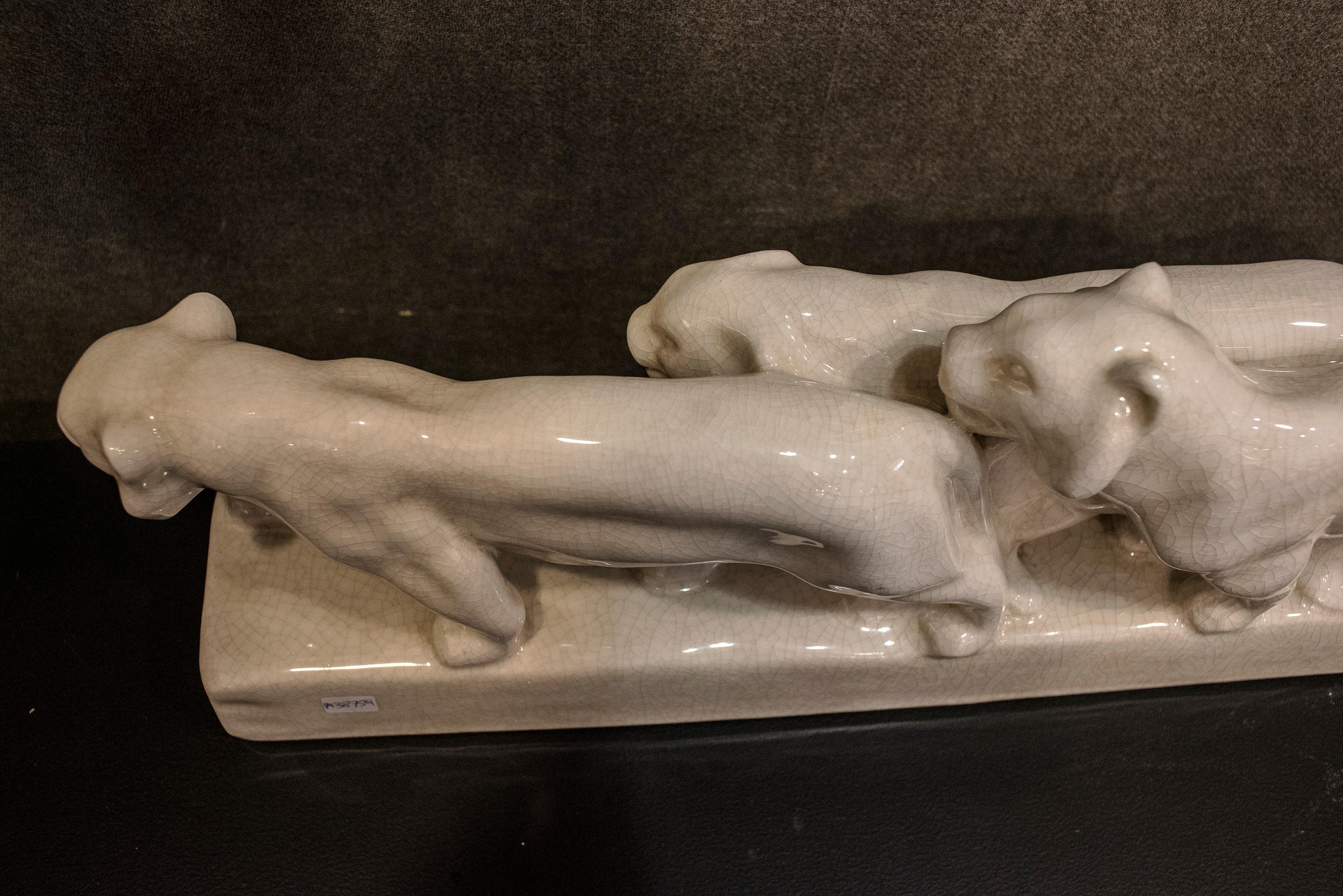 Emaux de Louviere 20th Century White Lionesses Ceramic Belgium Sculpture 2