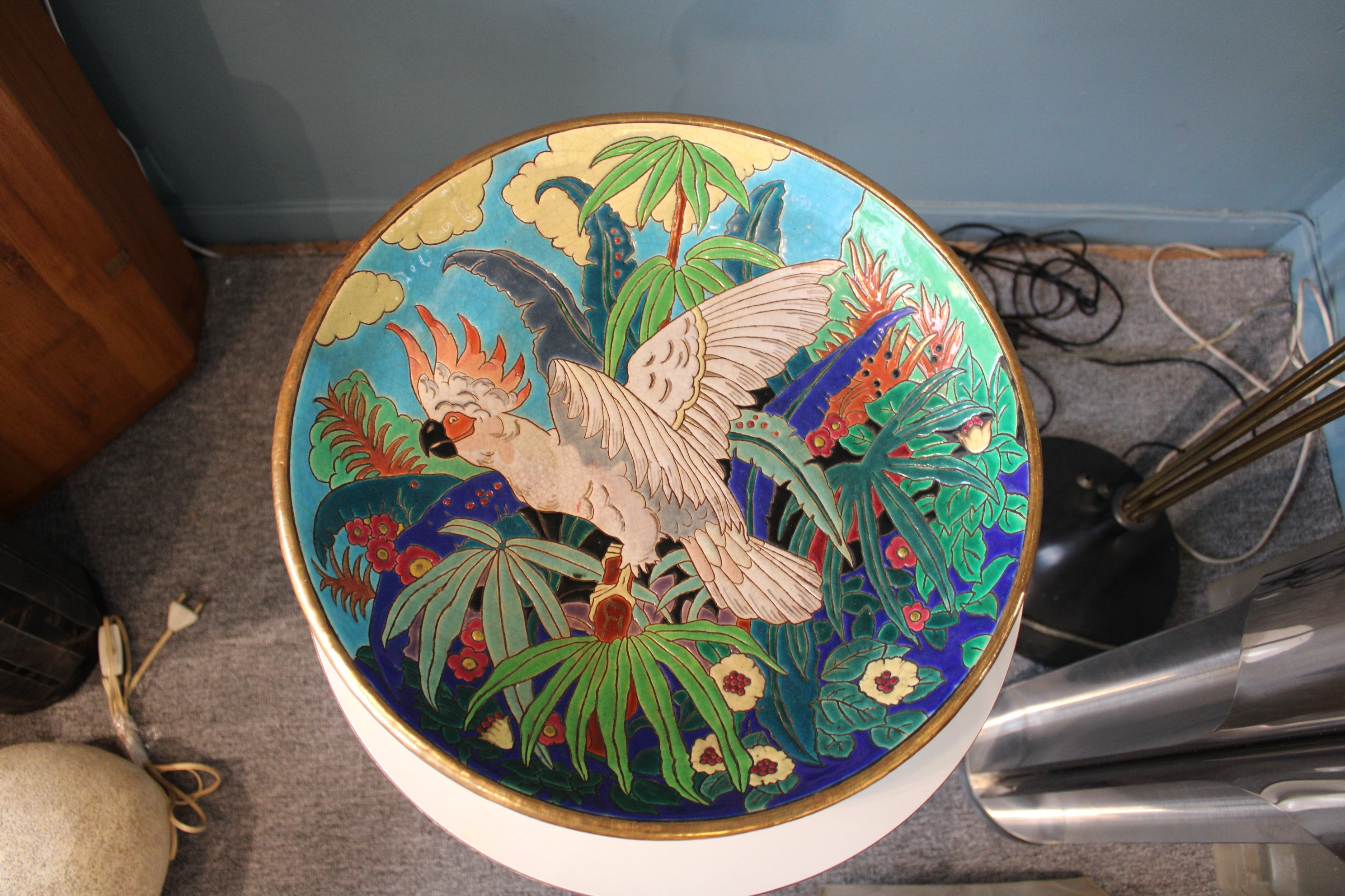 Emaux of Longwy, Ceramic Dish with Parrot, France 20th Century For Sale