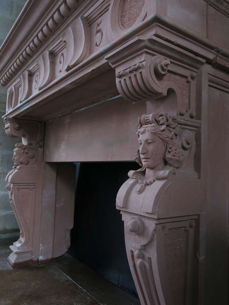 Exceptional and rare French Embassy-quality fireplace Renaissance style with Cariatides dated 1895, France. Original.
Hand-carved from that period in pure stone dit 