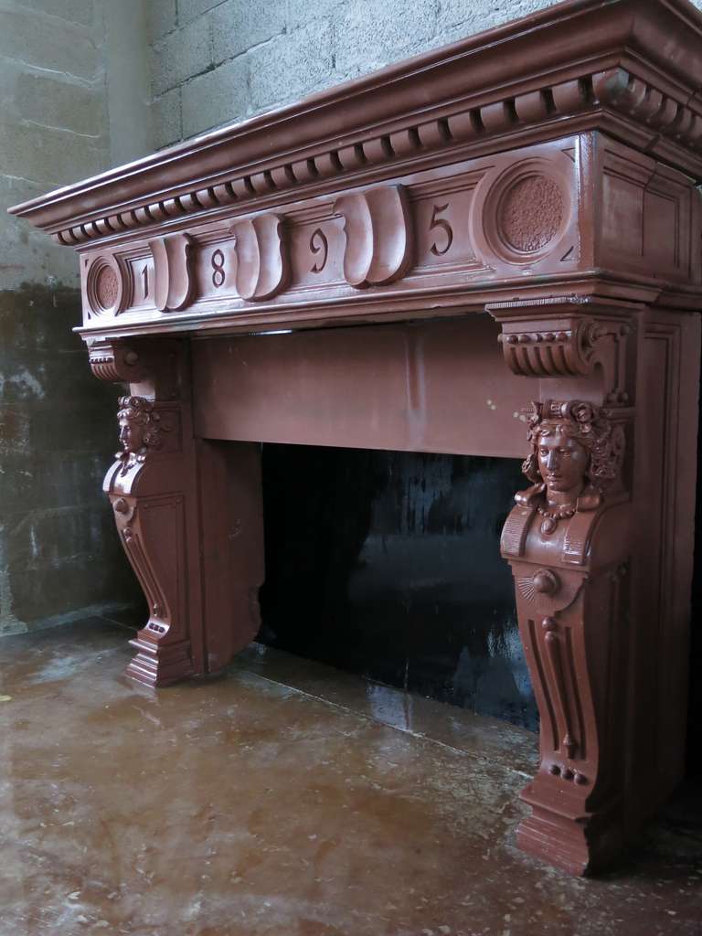 Sandstone Embassy-Quality Fireplace Renaissance Caryatid Statues Dated 1895, France For Sale