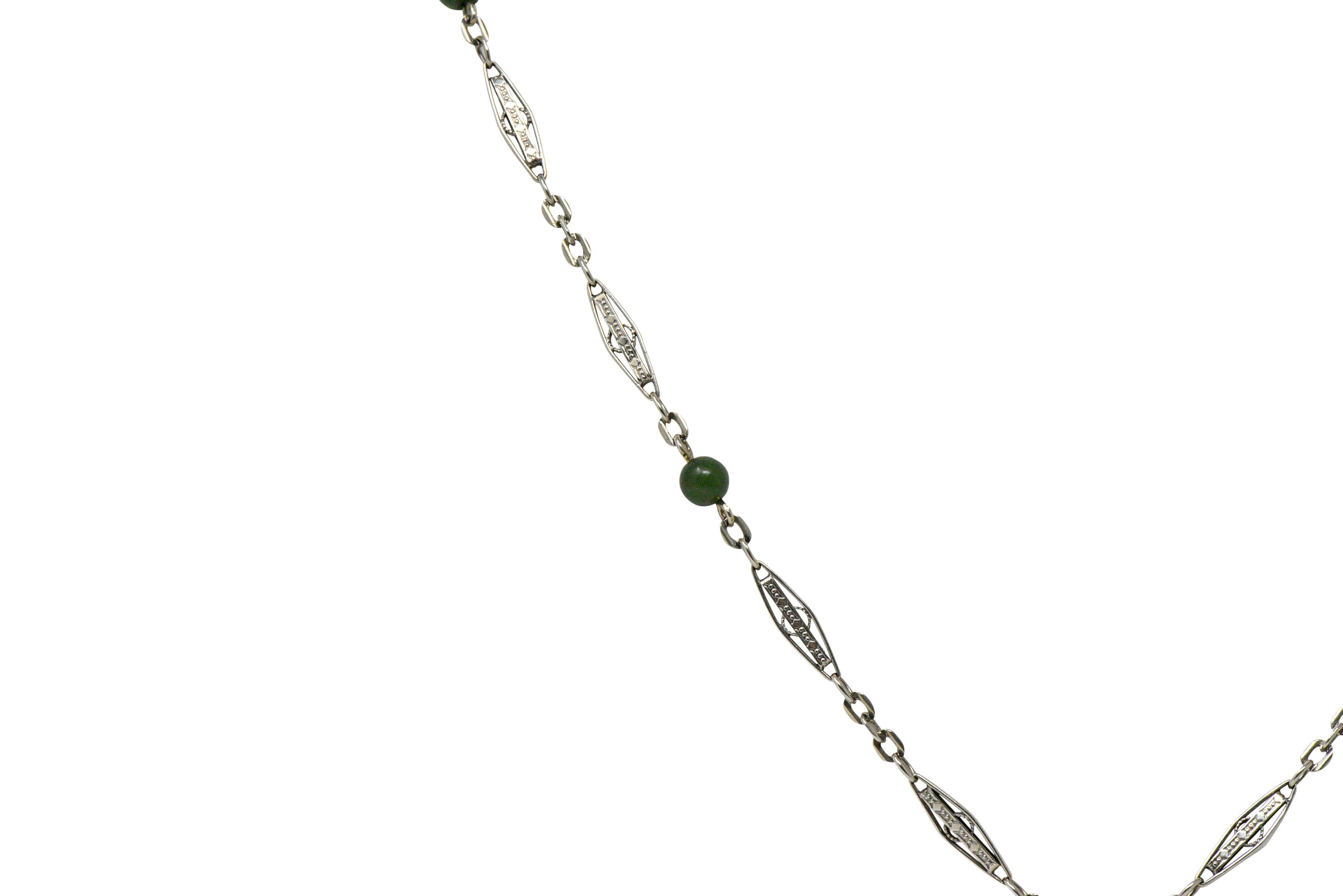 Round Cut Embellished Art Deco Jade Bead 14 Karat White Gold Drop Chain Necklace