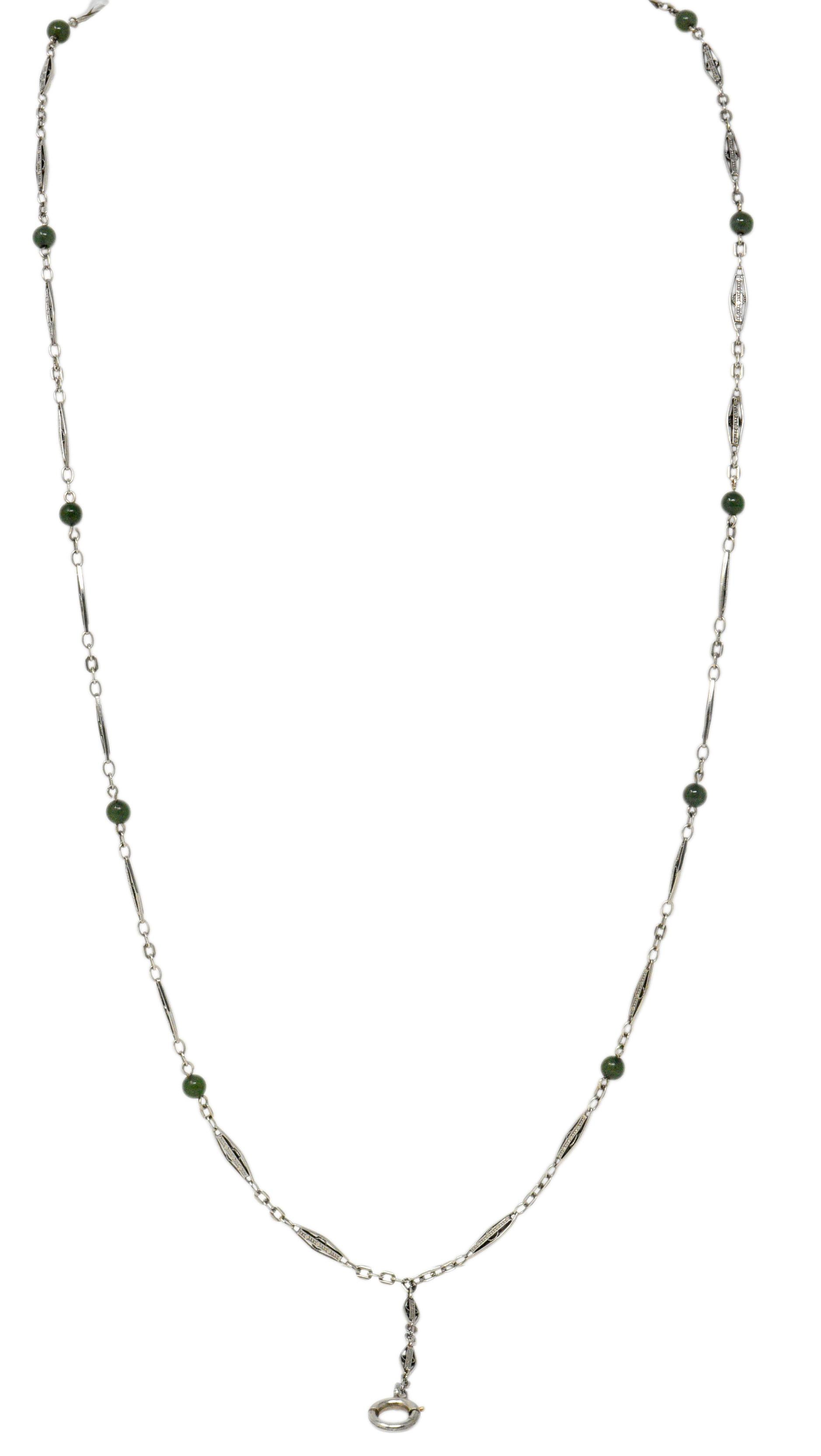 Embellished Art Deco Jade Bead 14 Karat White Gold Drop Chain Necklace 2