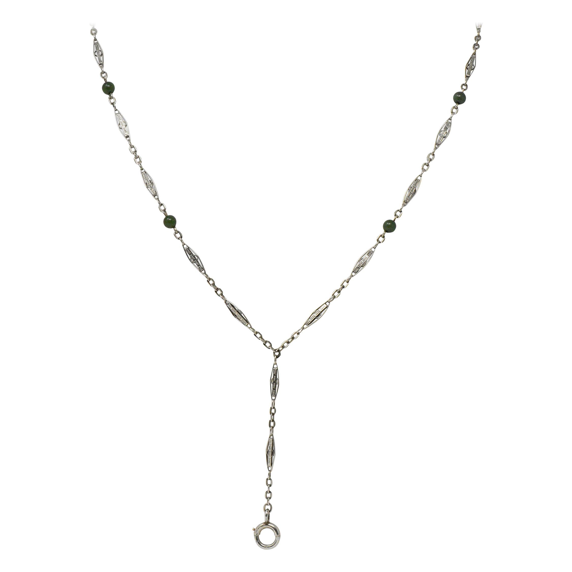 Embellished Art Deco Jade Bead 14 Karat White Gold Drop Chain Necklace