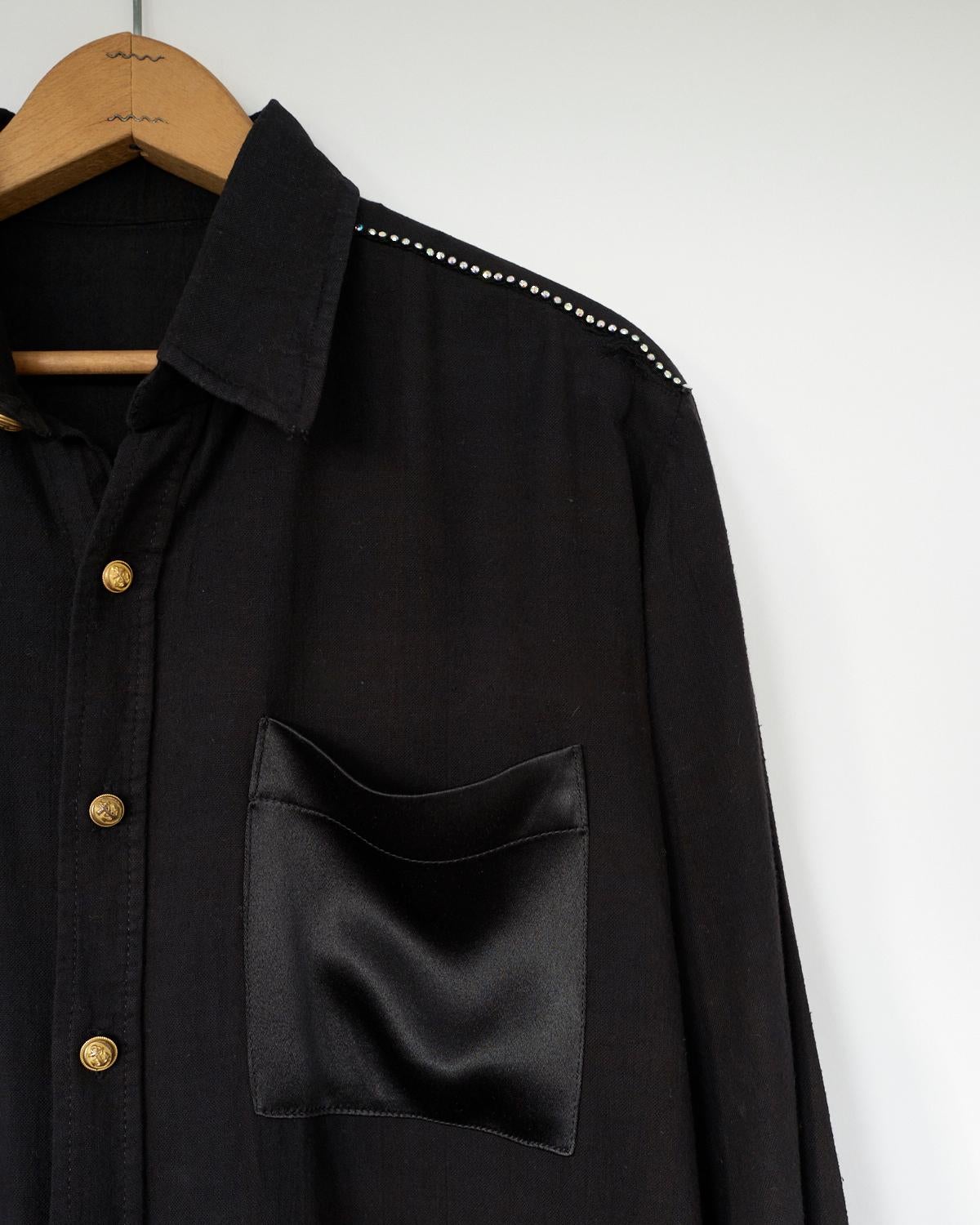 One of a kind Embellished Black Shirt Rhinestones Black Cotton Gold Buttons 
Brand: J Dauphin
Size
Sustainable Luxury, Collectible Vintage Re- Purposed

Our one of a kind, zero waste, up-cycled jackets are made from vintage, natural fibers, military