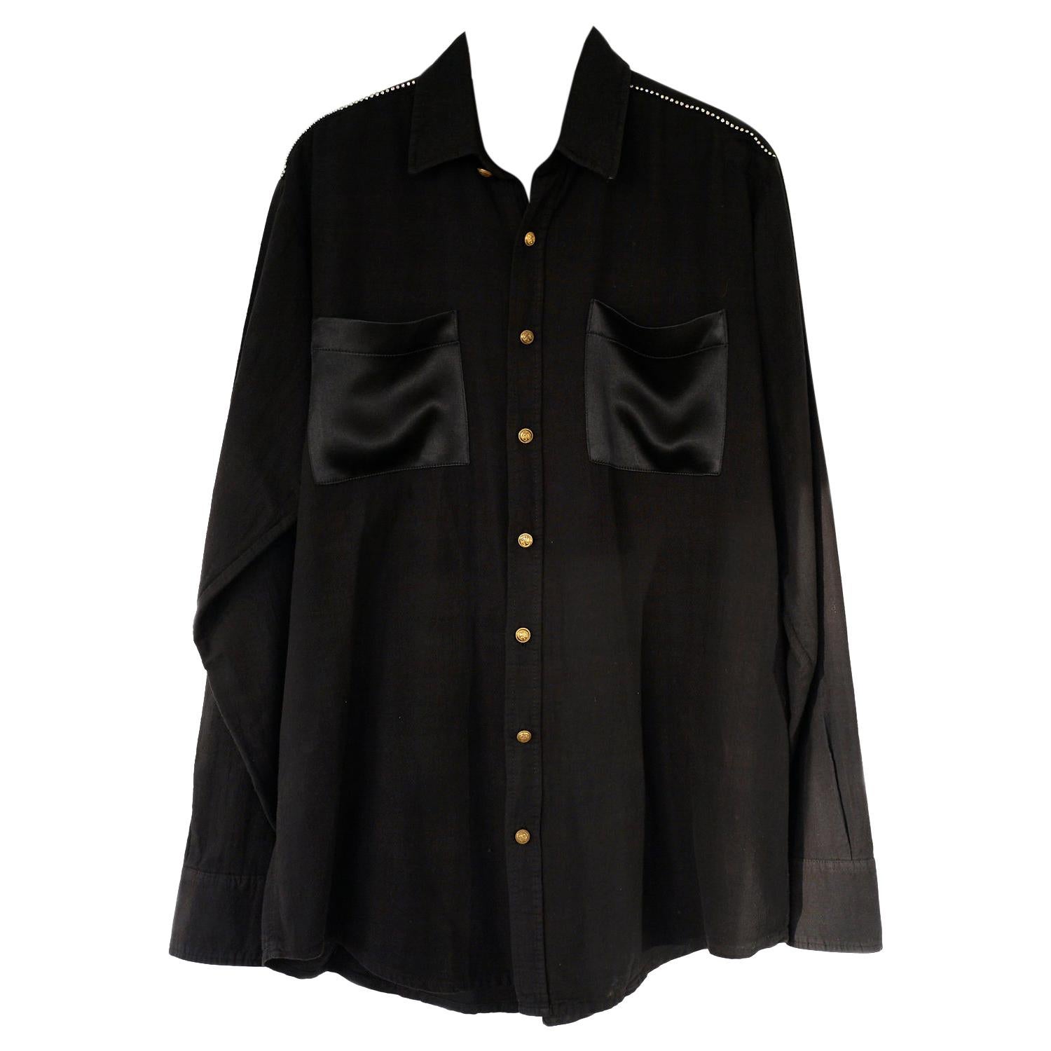 Rhinestone Embellished Oversize Shirt Black Silk Cotton Gold Buttons J Dauphin