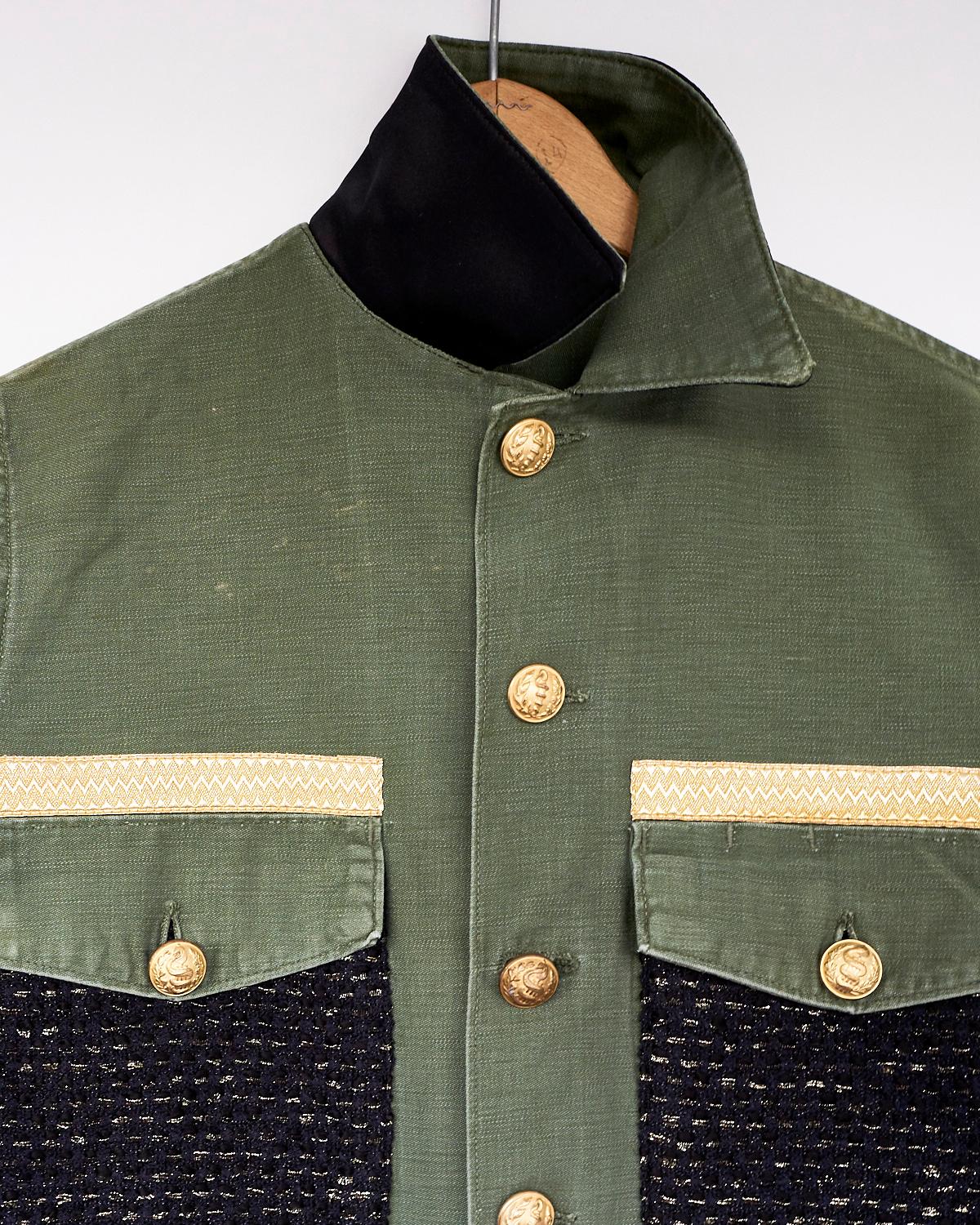 Embellished Jacket Green Military Black Gold Lurex Tweed Gold Buttons J Dauphin
Upcycled Vinatge, Sustainable Luxury

Our Up-cycled Vintage Jackets are made from vintage, natural fibers, military clothing and french workwear from the period