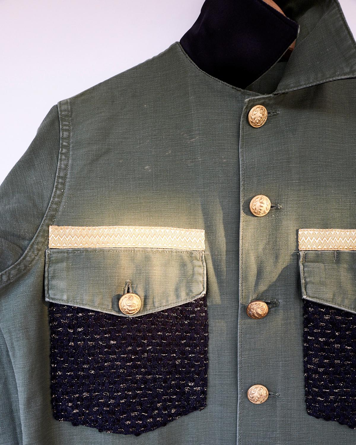 Embellished Green Military Jacket Black Gold Lurex Tweed Gold Buttons J Dauphin In New Condition In Los Angeles, CA