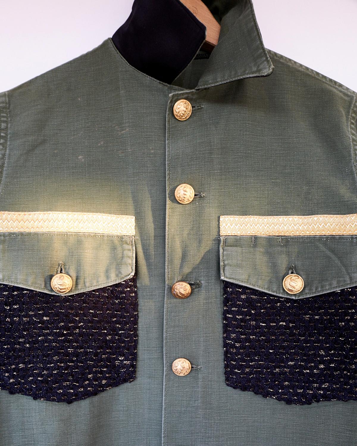 Women's Embellished Green Military Jacket Black Gold Lurex Tweed Gold Buttons J Dauphin