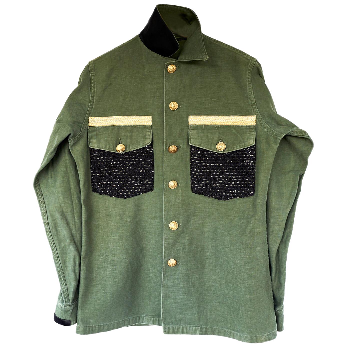 Embellished Green Military Jacket Black Gold Lurex Tweed Gold Buttons J Dauphin