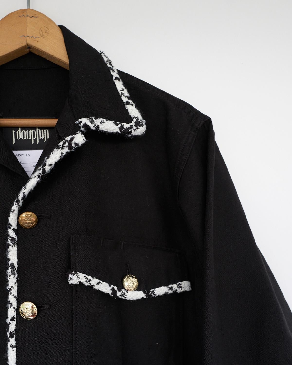 Black Jacket Cropped Vintage Designer Tweed White Embellished J Dauphin In New Condition In Los Angeles, CA