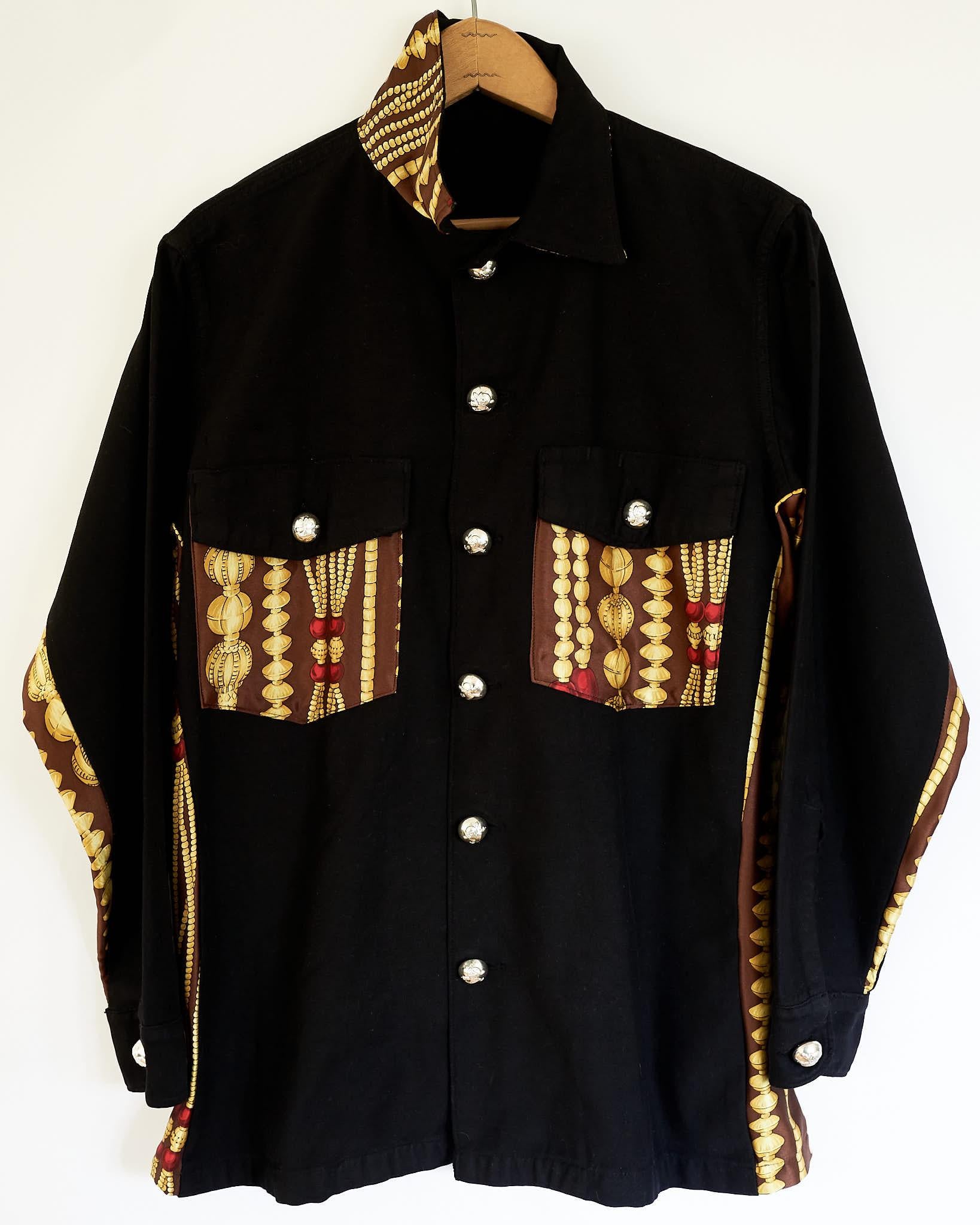 Black Jacket Original Designer Silk Vintage Military Silver Button J Dauphin In New Condition In Los Angeles, CA