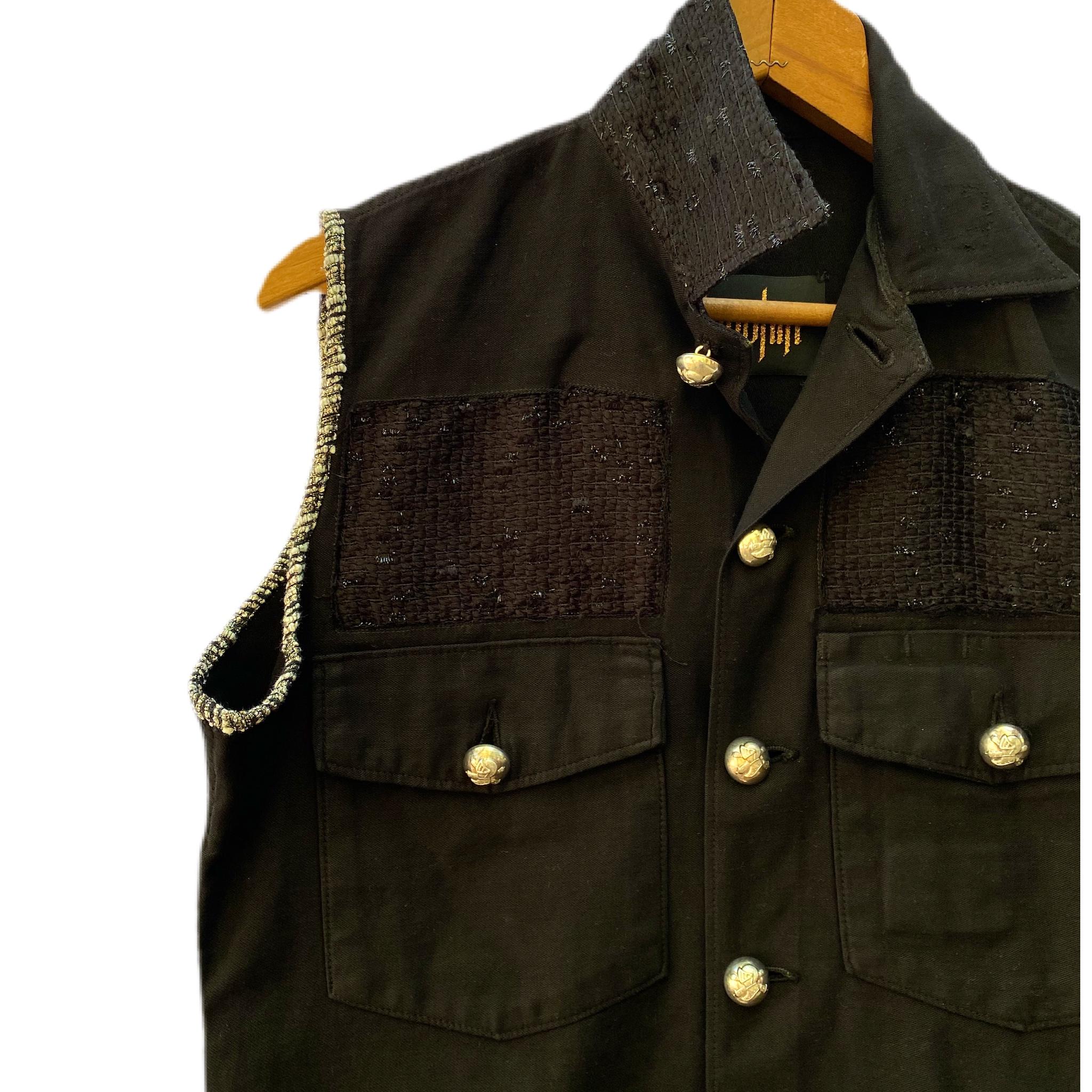 Embellished Black Sleeveless Jacket Vest Military Tweed Silver Buttons J Dauphin In New Condition In Los Angeles, CA