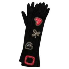 Embellished Black Suede Gloves - Size 7