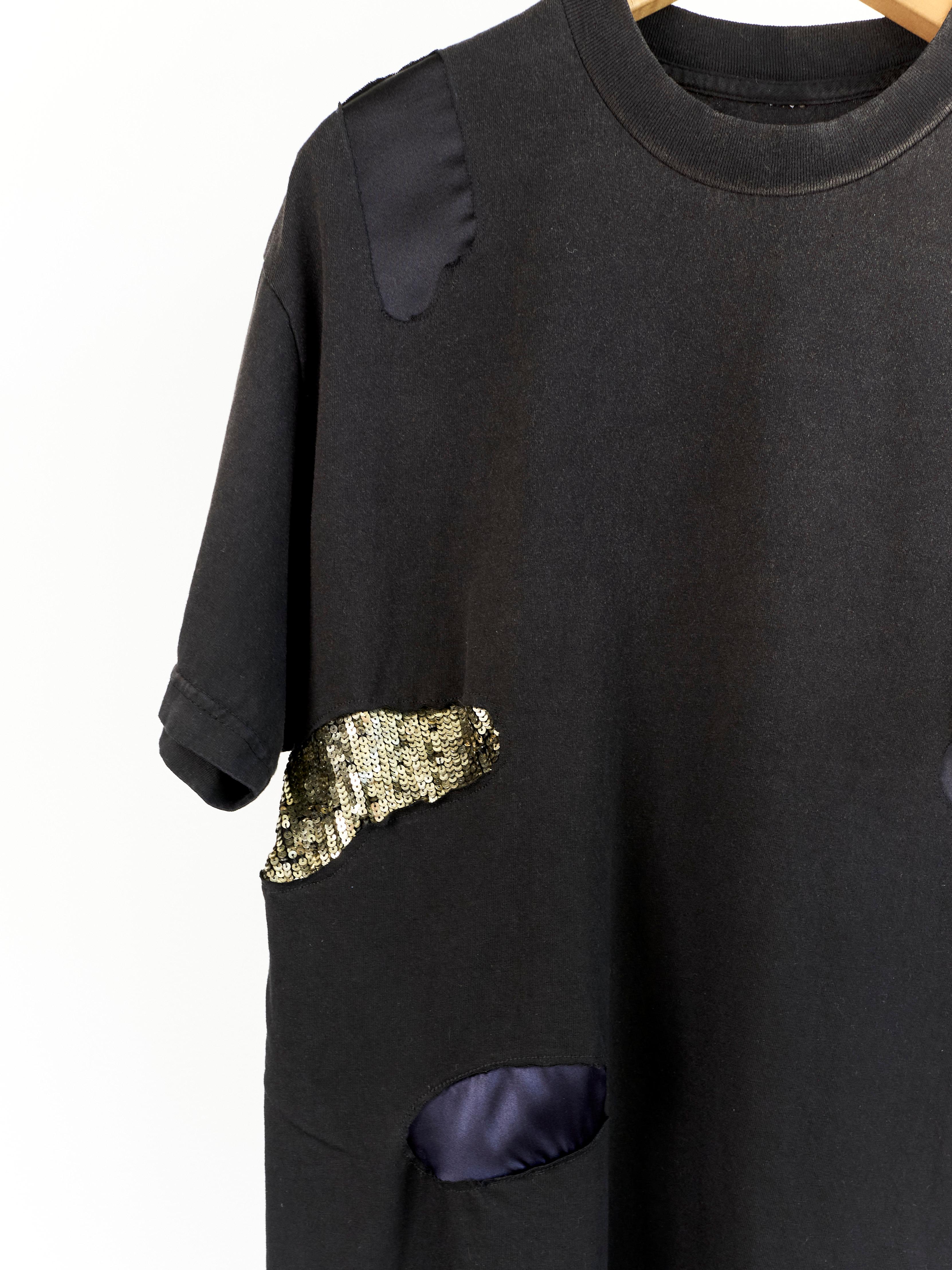 J Dauphin Distressed Black T-Shirt Embellished  Patch Work Sequin Silk Body 100% Cotton 

J Dauphin was created 2006 by Swedish French Johanna Dauphin. She started her career working for LVMH owned Fend at the Italian head office in Rome. She later