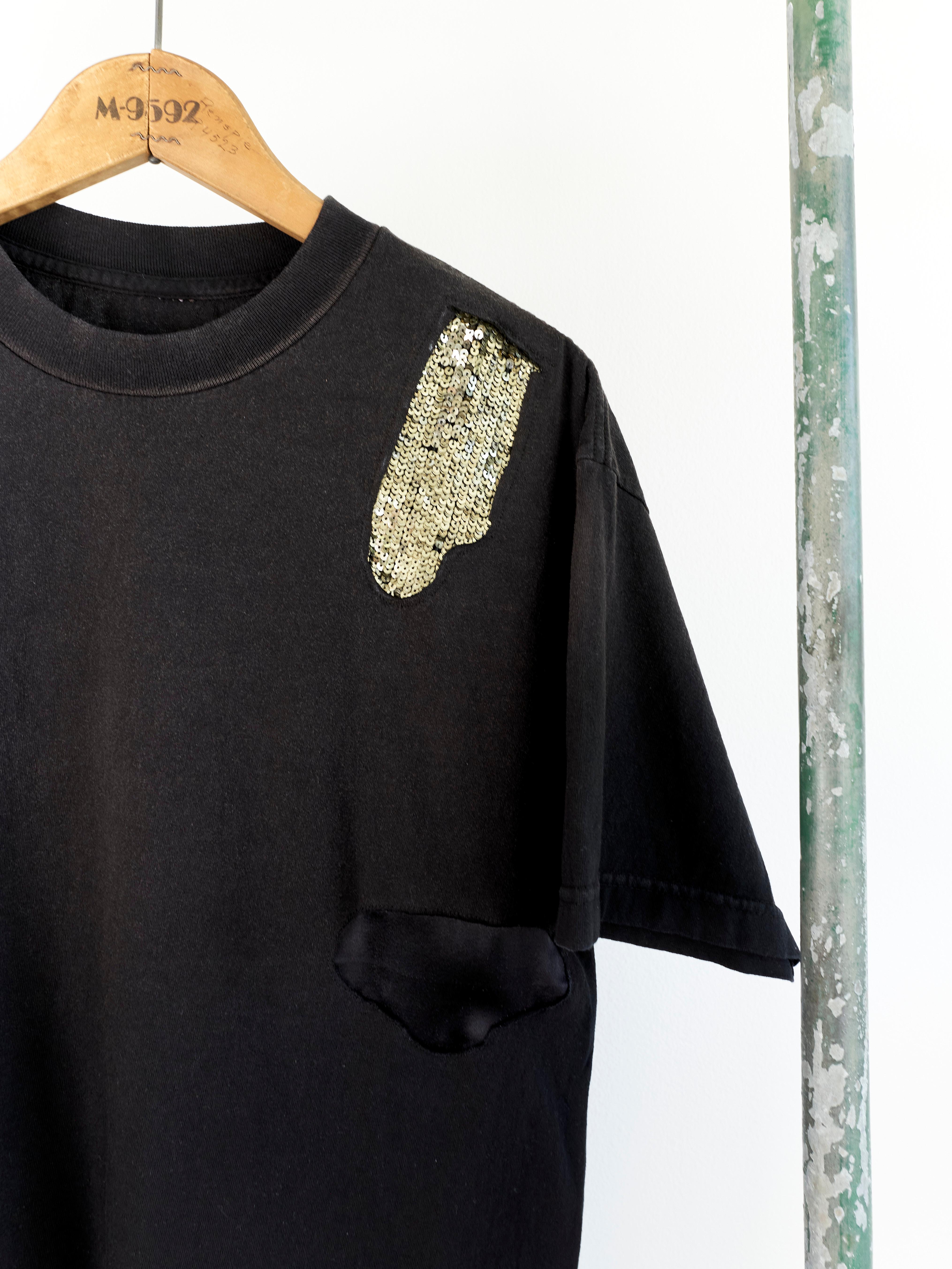J Dauphin Black T-Shirt Embellished  Patch Work Sequin Silk Body Cotton  In New Condition In Los Angeles, CA