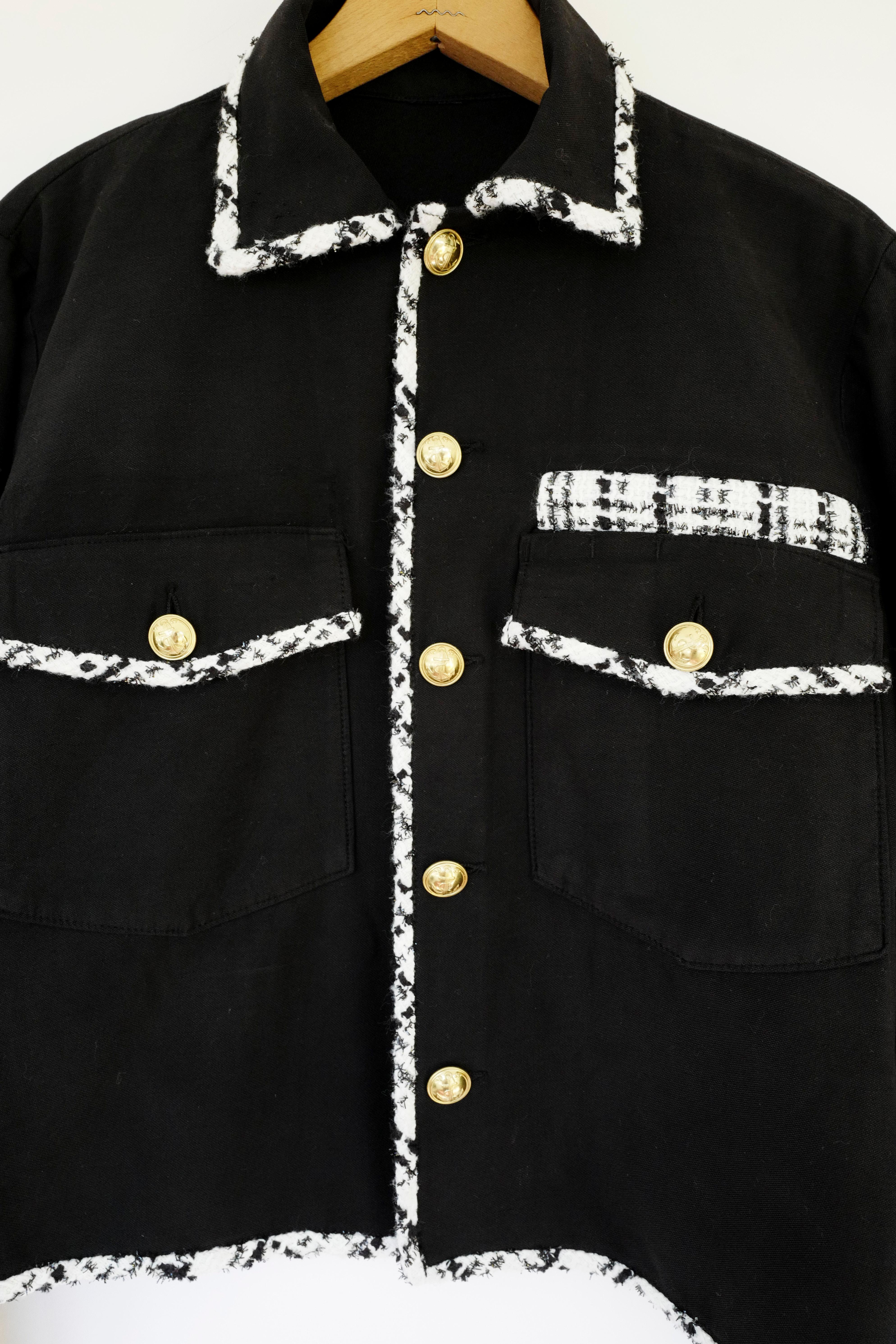 Black Embellished Blazer Cropped Jacket Military White Tweed Gold Button J Dauphin