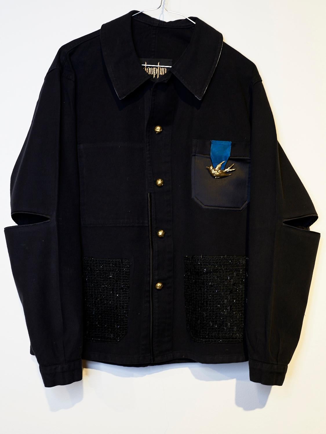 Blazer Jacket Black Bird Tweed Pockets White Silk Collar Embellished  J Dauphin 1
