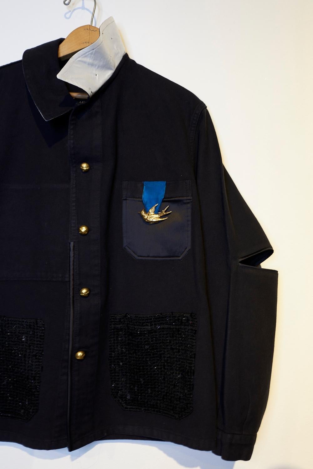 Blazer Jacket Black Bird Tweed Pockets White Silk Collar Embellished  J Dauphin 2