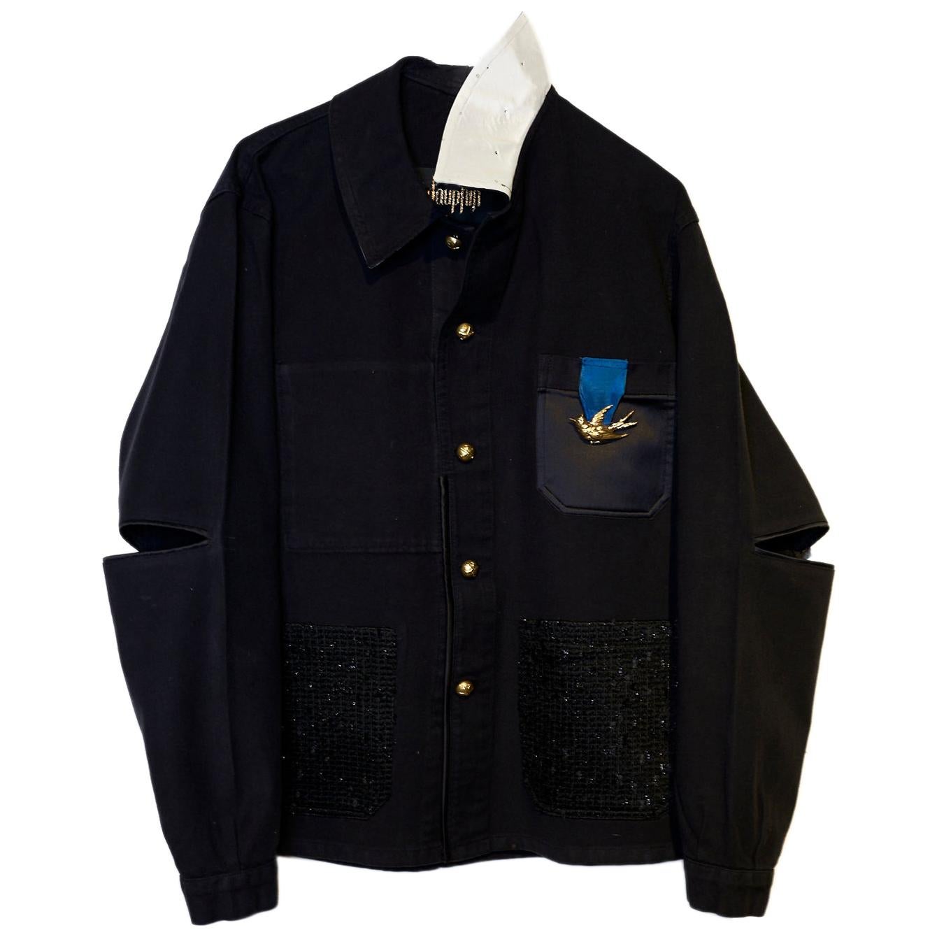 Blazer Jacket Black Bird Tweed Pockets White Silk Collar Embellished  J Dauphin