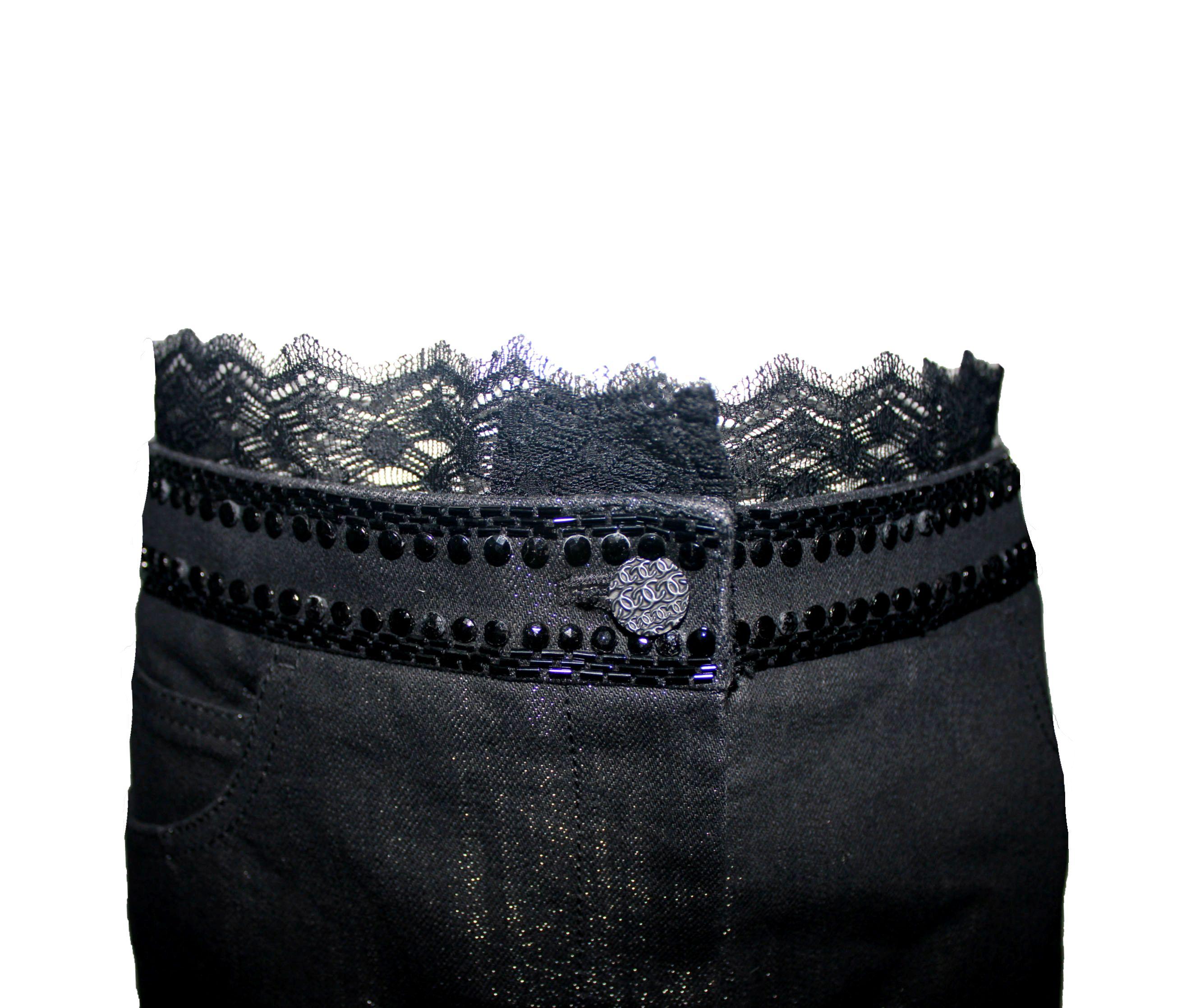 Noir Chanel - Jupe en jean et jupe en dentelle embellie métallique Gunmetal 38, neuve avec étiquette