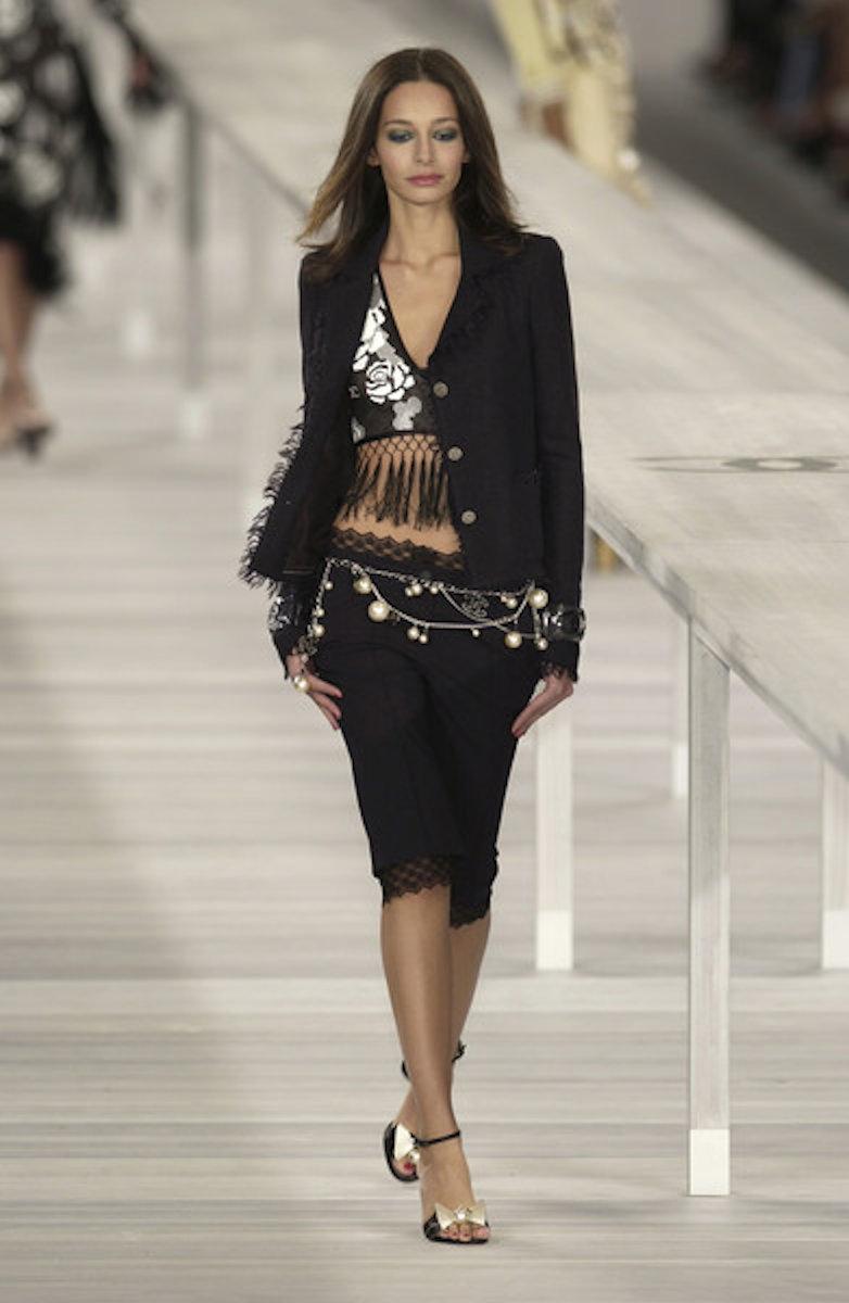 Black UNWORN Chanel Embellished Metallic Gunmetal Skirt Denim & Lace Skirt 38