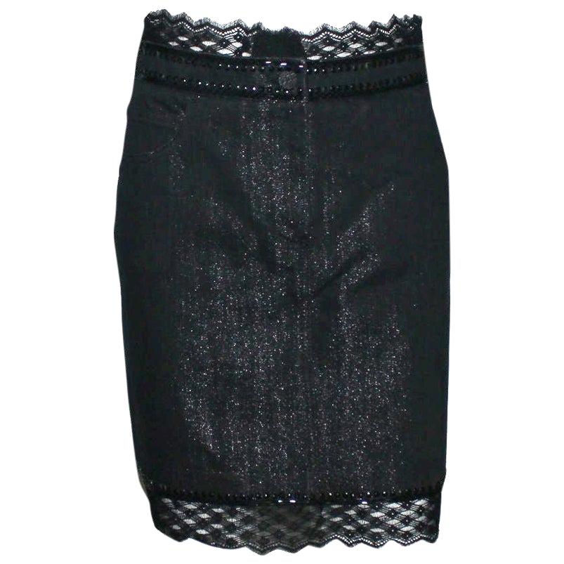 UNWORN Chanel Embellished Metallic Gunmetal Skirt Denim & Lace Skirt 38