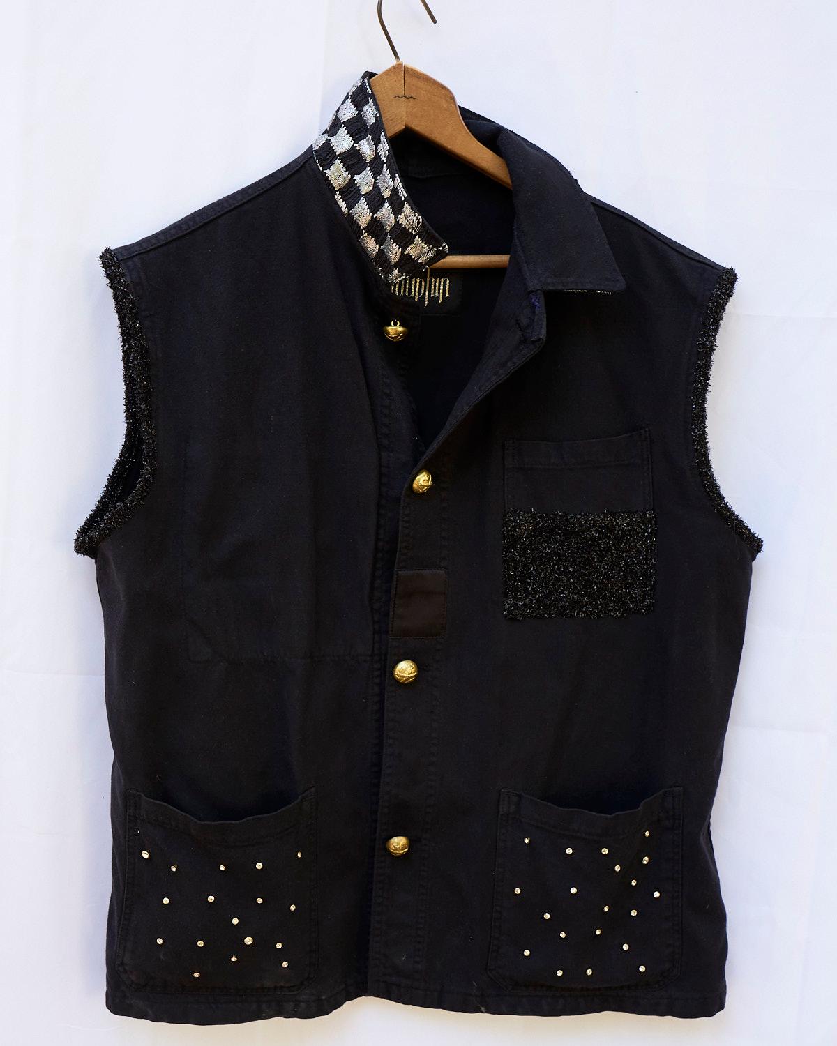 Sleeveless Jacket Vest Cotton Black Embellished Crystal Vintage Military Repurposed into a Vest with Silk and Black Sparkle Fabric Gold Buttons and Vintage Collectible Military Vintage Gold tone Buttons in Brass.

This is a One of a kind