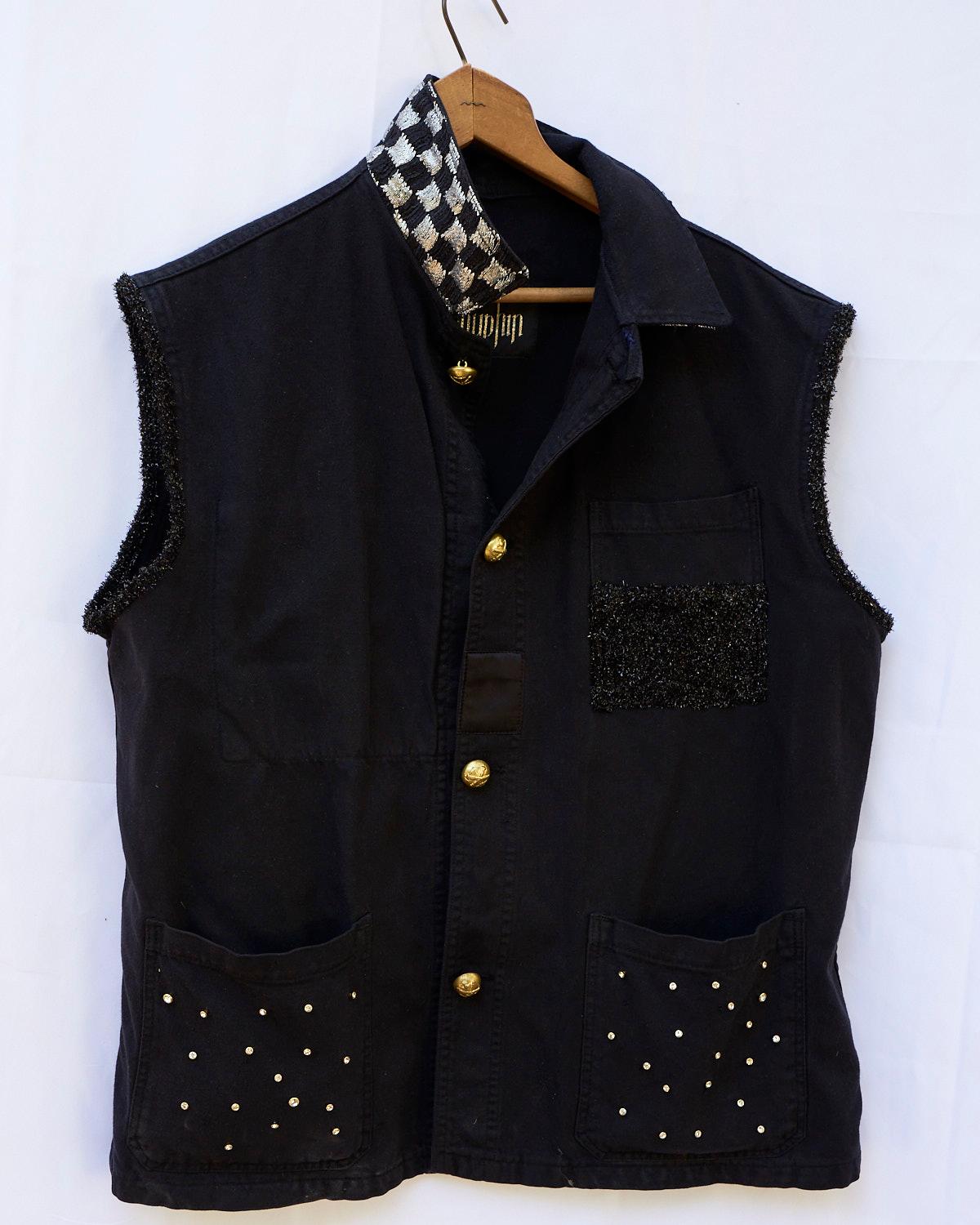 Sleeveless Jacket Vest Black Crystal Embellished Gold Buttons J Dauphin In New Condition In Los Angeles, CA