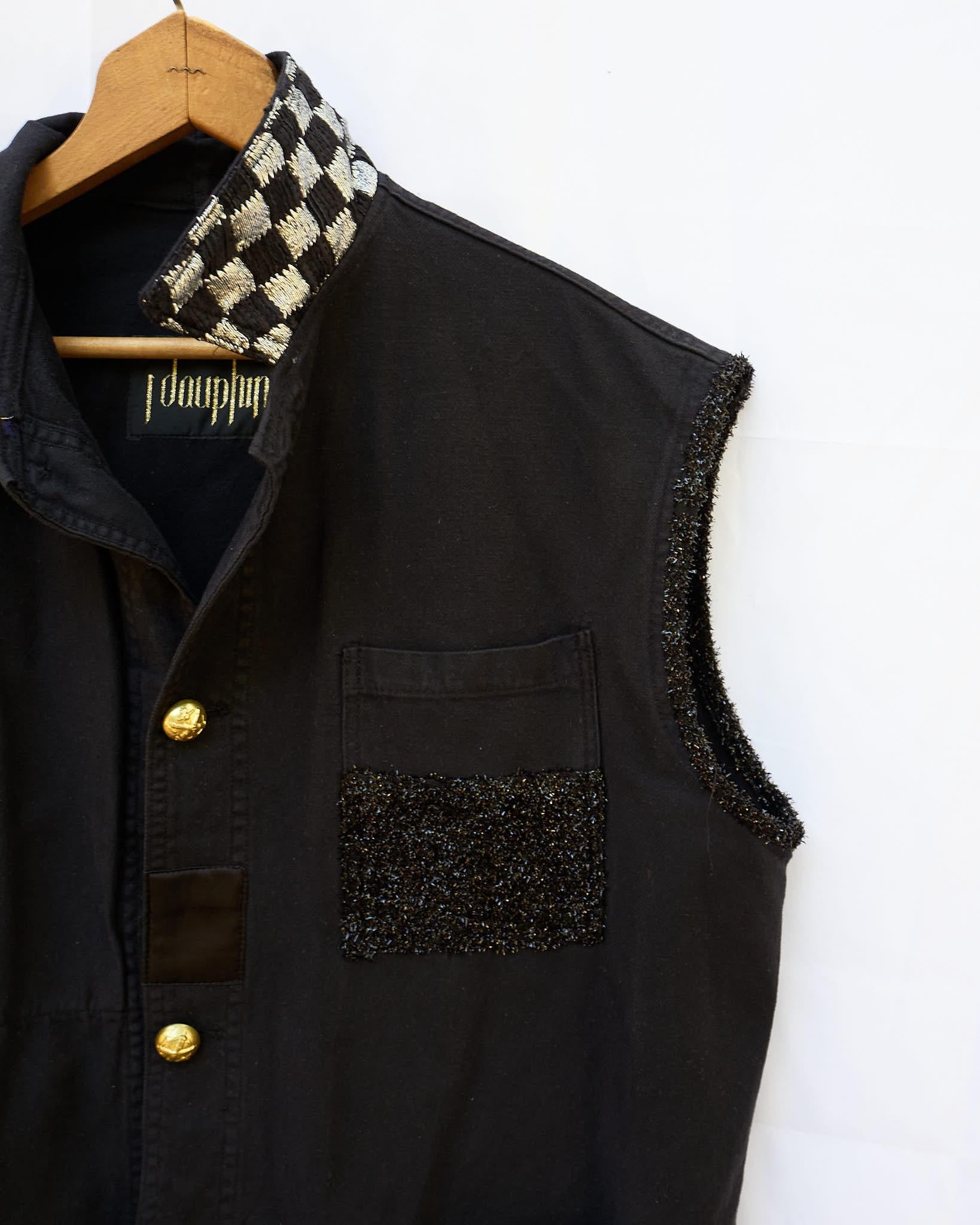 Women's Sleeveless Jacket Vest Black Crystal Embellished Gold Buttons J Dauphin