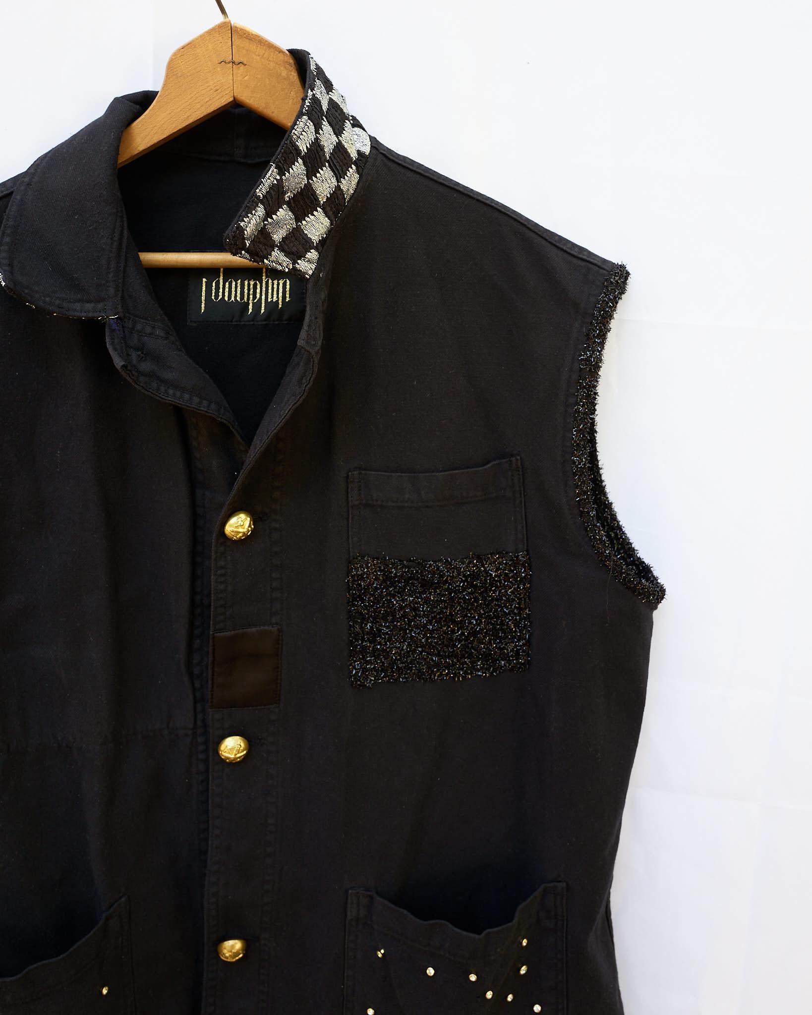 Sleeveless Jacket Vest Black Crystal Embellished Gold Buttons J Dauphin 1