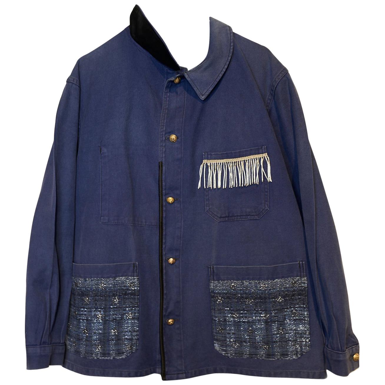 Embellished Distressed French Blue Jacket Fringe Glitter Gold Buttons J Dauphin