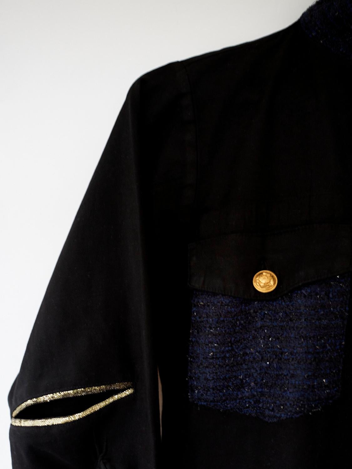 Embellished Evening Blazer Jacket Military Black, Gold Buttons Blue Lurex Tweed Pocket and Collar, Gold Covered Open Elbow J Dauphin
Sustainable Luxury, Collectible Vintage Re- Purposed

Our one of a kind, zero waste, up-cycled jackets are made from