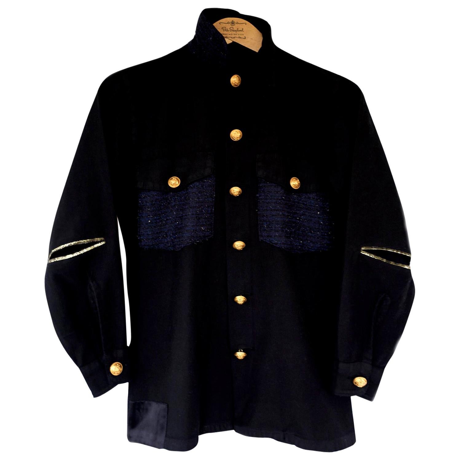 Evening Jacket Military Black Gold Button Blue Lurex Tweed J Dauphin