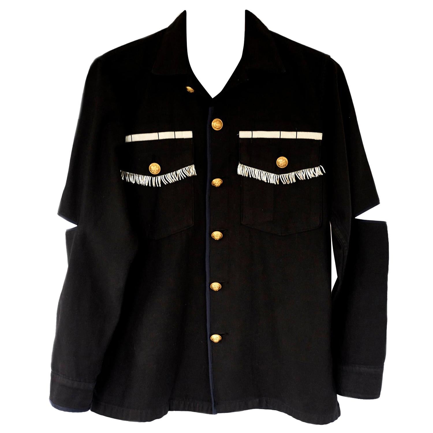Embellished Evening Silver Fringe Jacket Military Black Gold Button J Dauphin