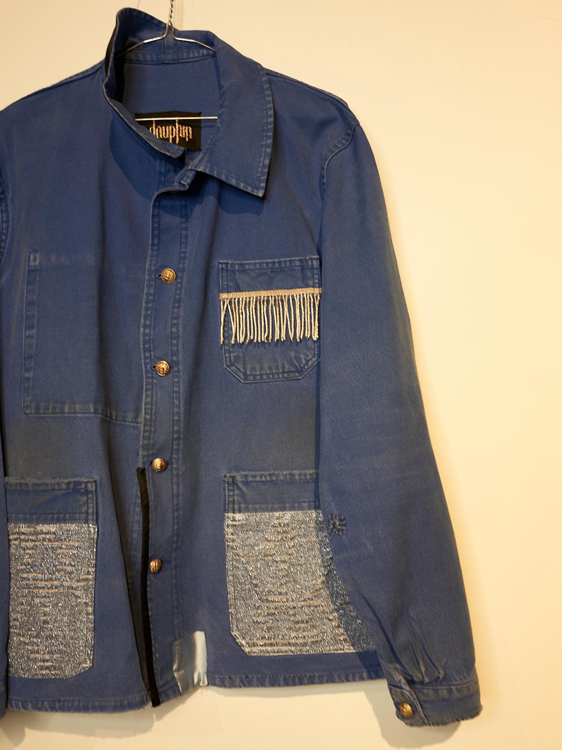 Embellished French Blue Distressed Jacket Lightblue Lurex Vintage J Dauphin In New Condition In Los Angeles, CA