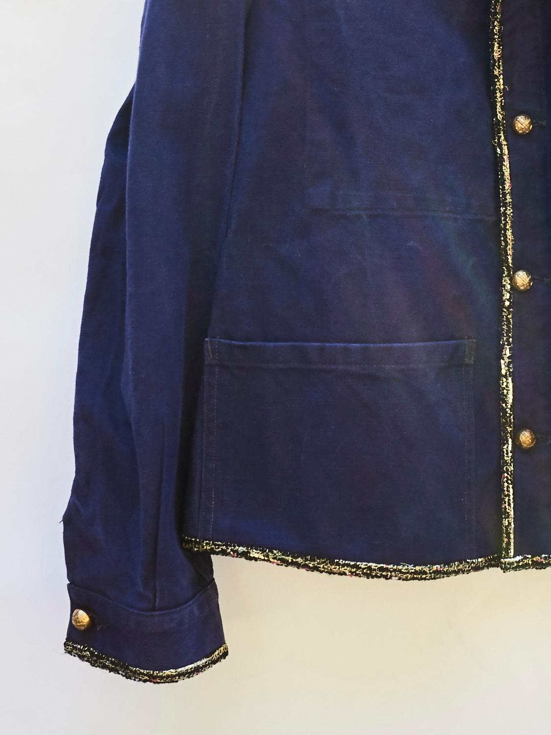 Women's Embellished French Blue Jacket Black Lurex Tweed Gold Buttons J Dauphin