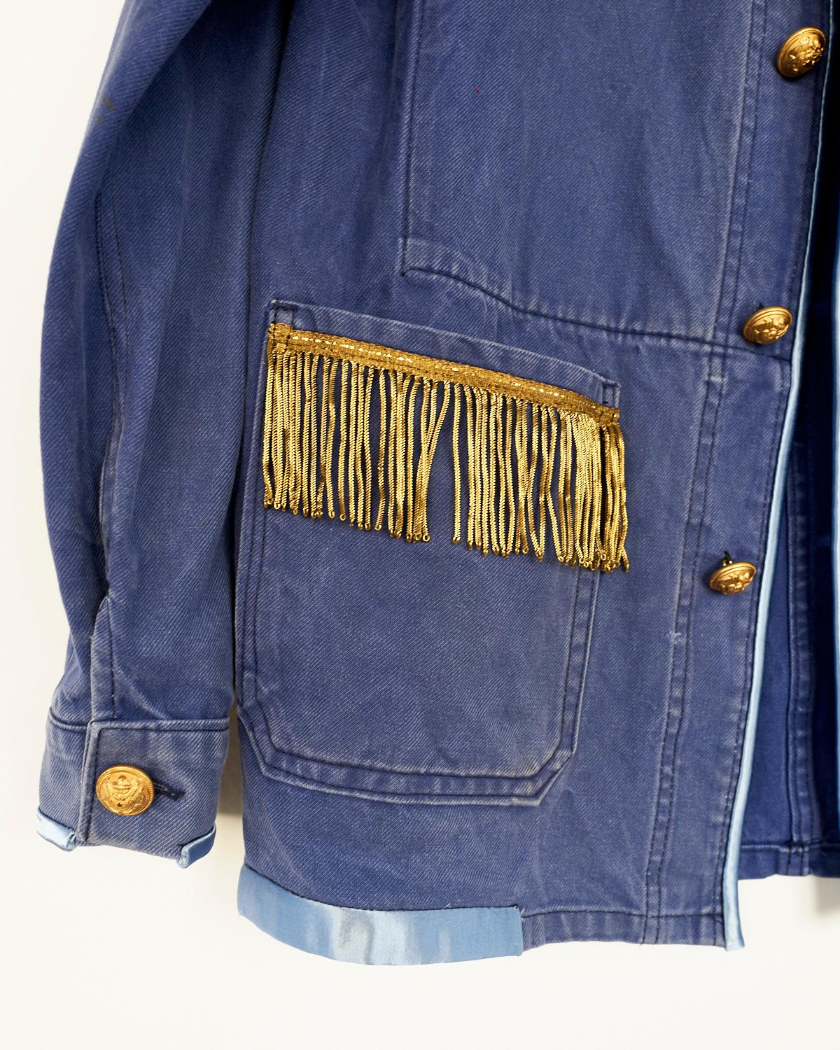 Embellished Oversize Gold Fringe Distressed French Blue Work Jacket Cotton 
Brand: J Dauphin
Size: S/M
Sustainable Luxury, Collectible Vintage Upcycled Re-purposed

Our one of a kind, zero waste, up-cycled jackets are made from vintage, natural