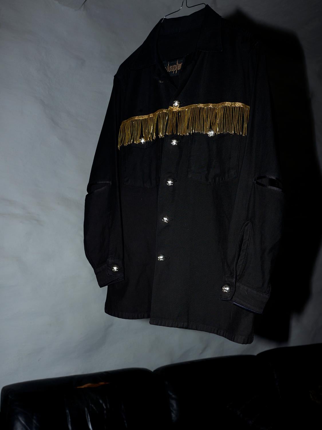 Embellished Fringe Jacket Black Silver Buttons Military Shirt J Dauphin 3