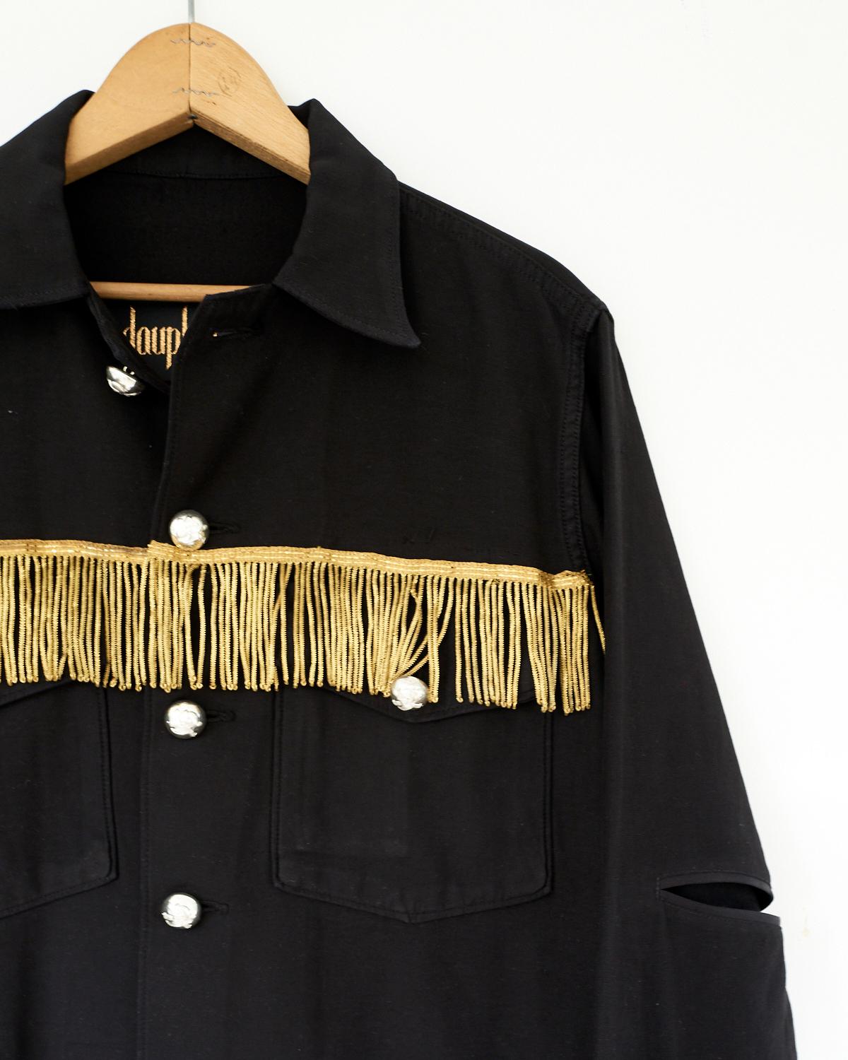 Embellished Fringe Jacket Black Silver Buttons Military Shirt J Dauphin In New Condition In Los Angeles, CA