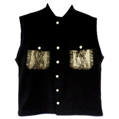 Used Embellished Gold Coated Knit Sleeveless Jacket Vest Military Black J Dauphin