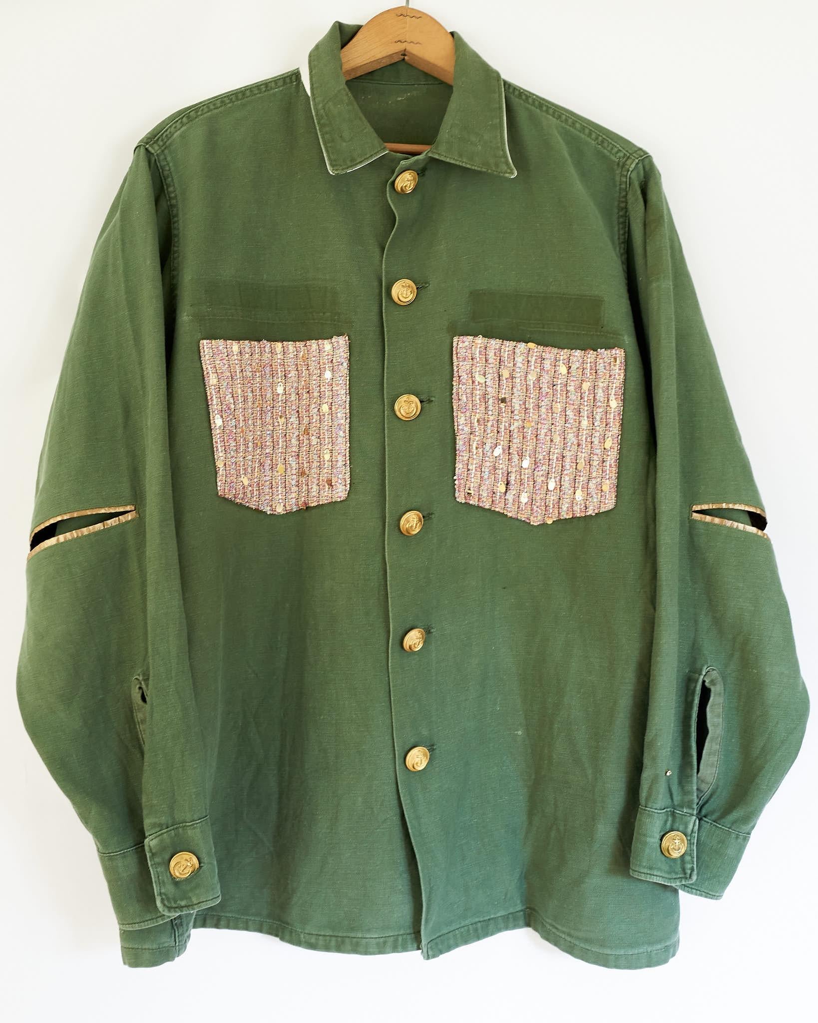 Jacket Green Designer Pink Sequin Tweed White Silk Embellished Military
Brand: J Dauphin
Size: Large
Sustainable Luxury, Up-cycled and Re-purposed Vintage

Our Up-cycled Vintage Jackets are made from vintage, natural fibers, military clothing and