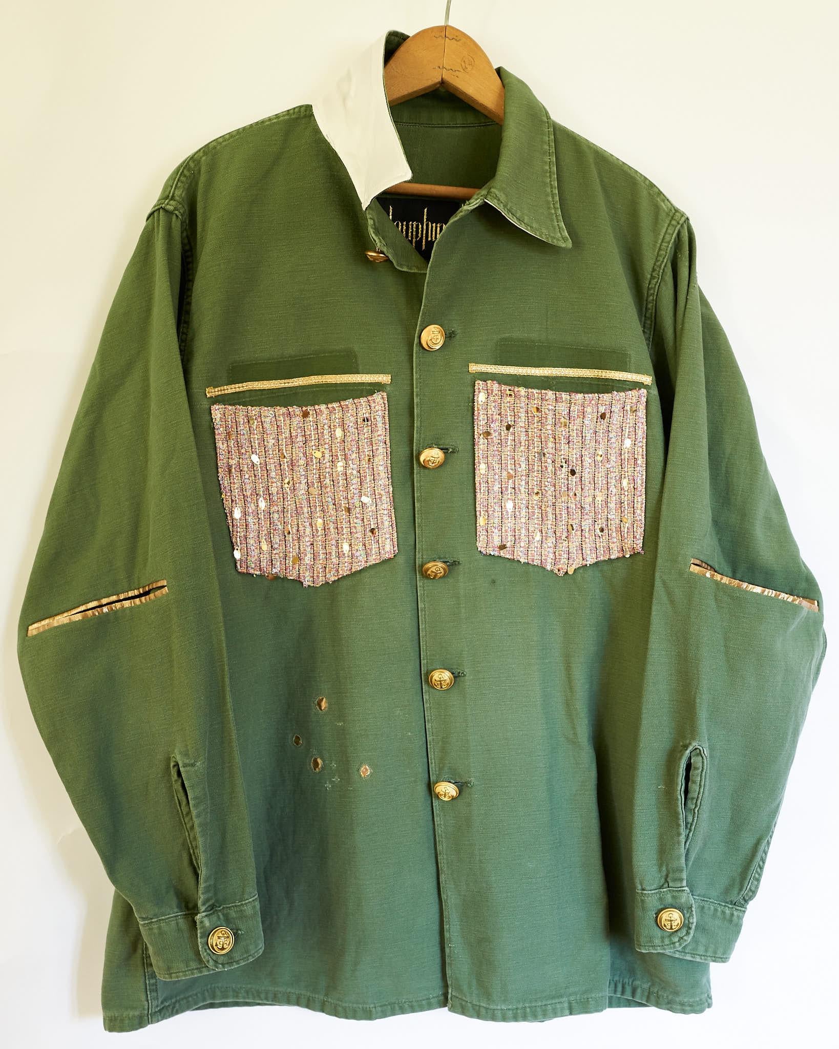 Jacket Green Pink Sequin Tweed Original Military Oversize Embellished J Dauphin In New Condition In Los Angeles, CA