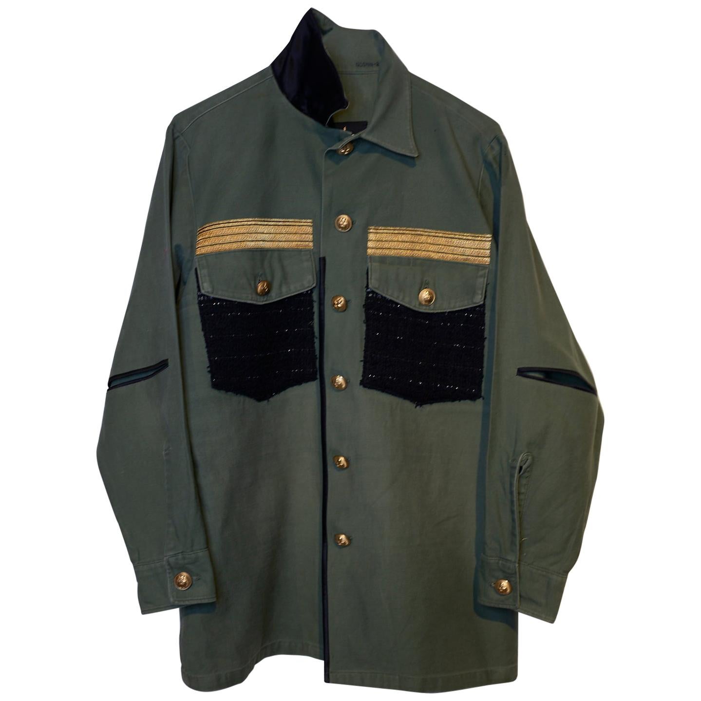 Embellished Tweed Green Military Blazer Shirt Jacket Gold Buttons J Dauphin