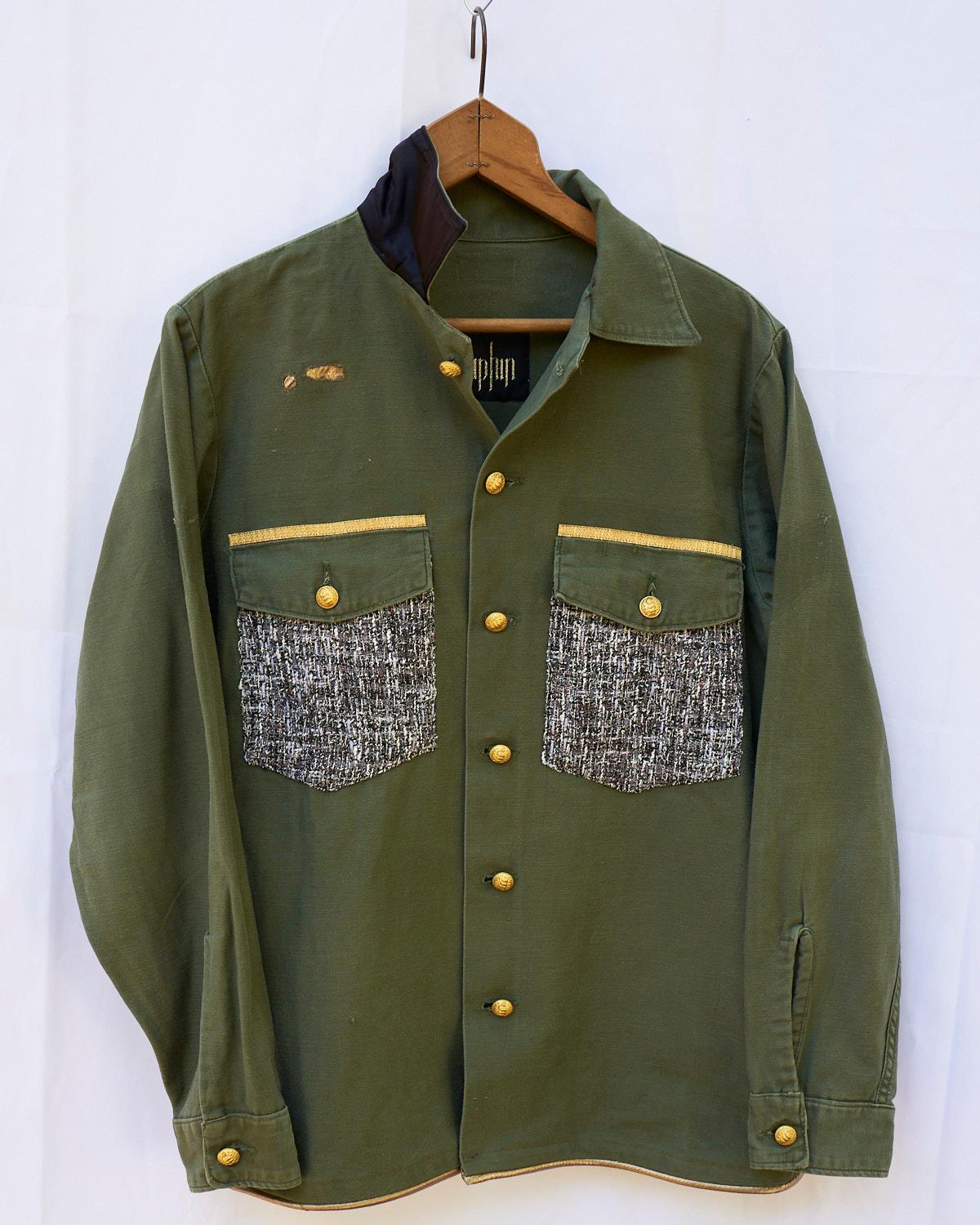 Green Cotton Military Jacket Embellished Designer Tweed Sequin Lurex J Dauphin In New Condition In Los Angeles, CA