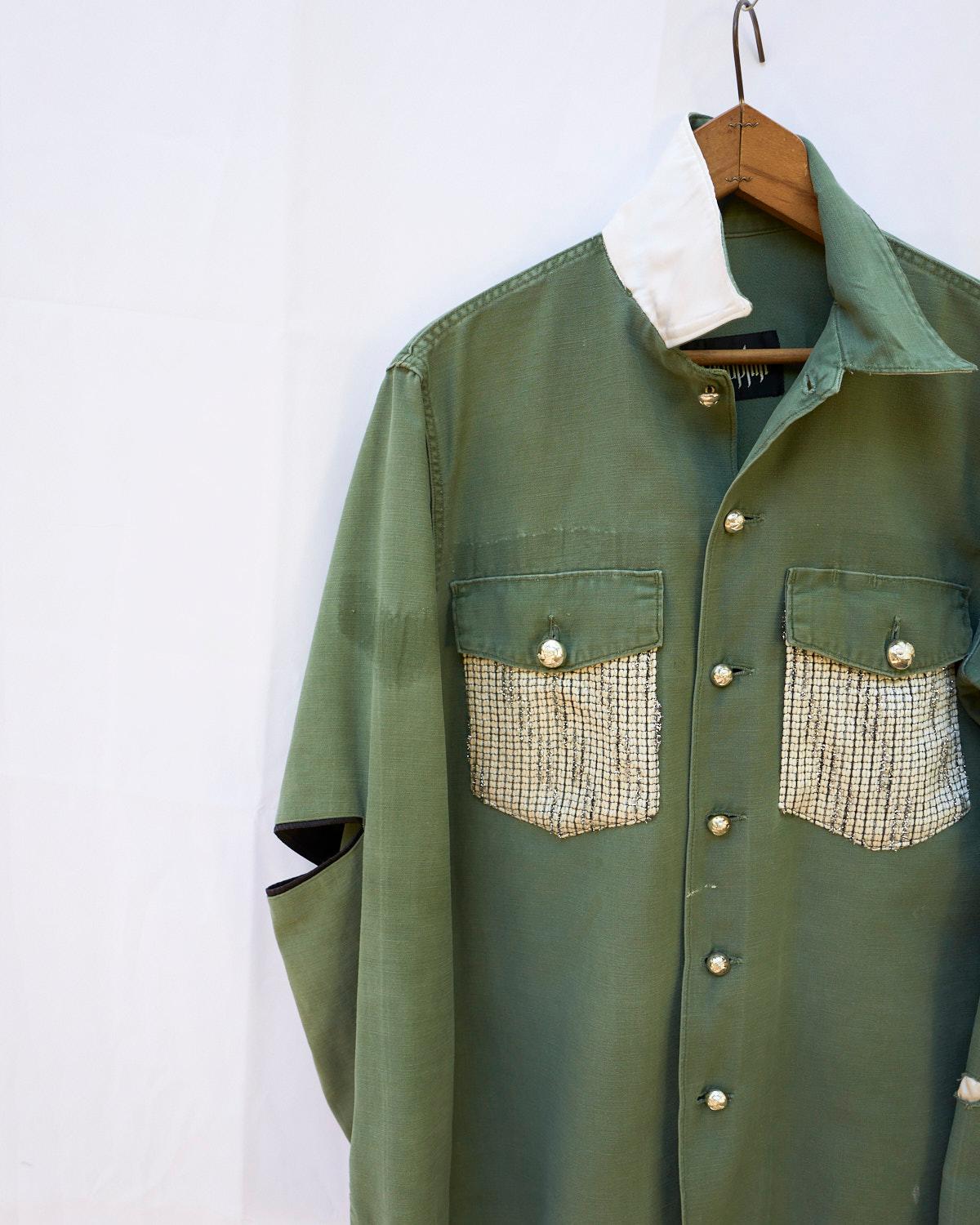 Jacket Cotton Green Embellished Original Vintage Military Repurposed with Designer White Silver Lurex Tweed, White Silk Collar and Vintage Collectible Military Vintage Gold Tone Buttons in Brass.

100% Sustainable Created with Vintage and